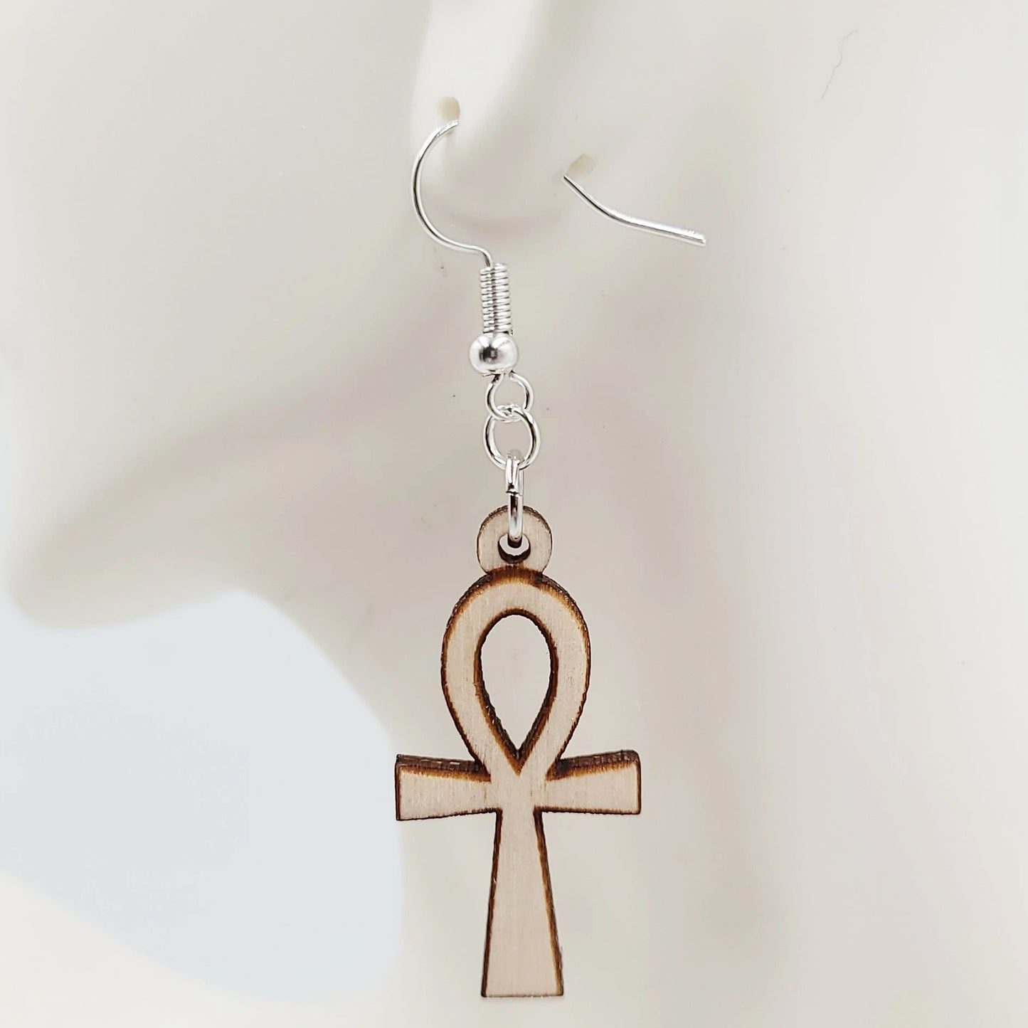 Wood Ankh Earrings Sterling Silver Dangle - Elevated Metaphysical