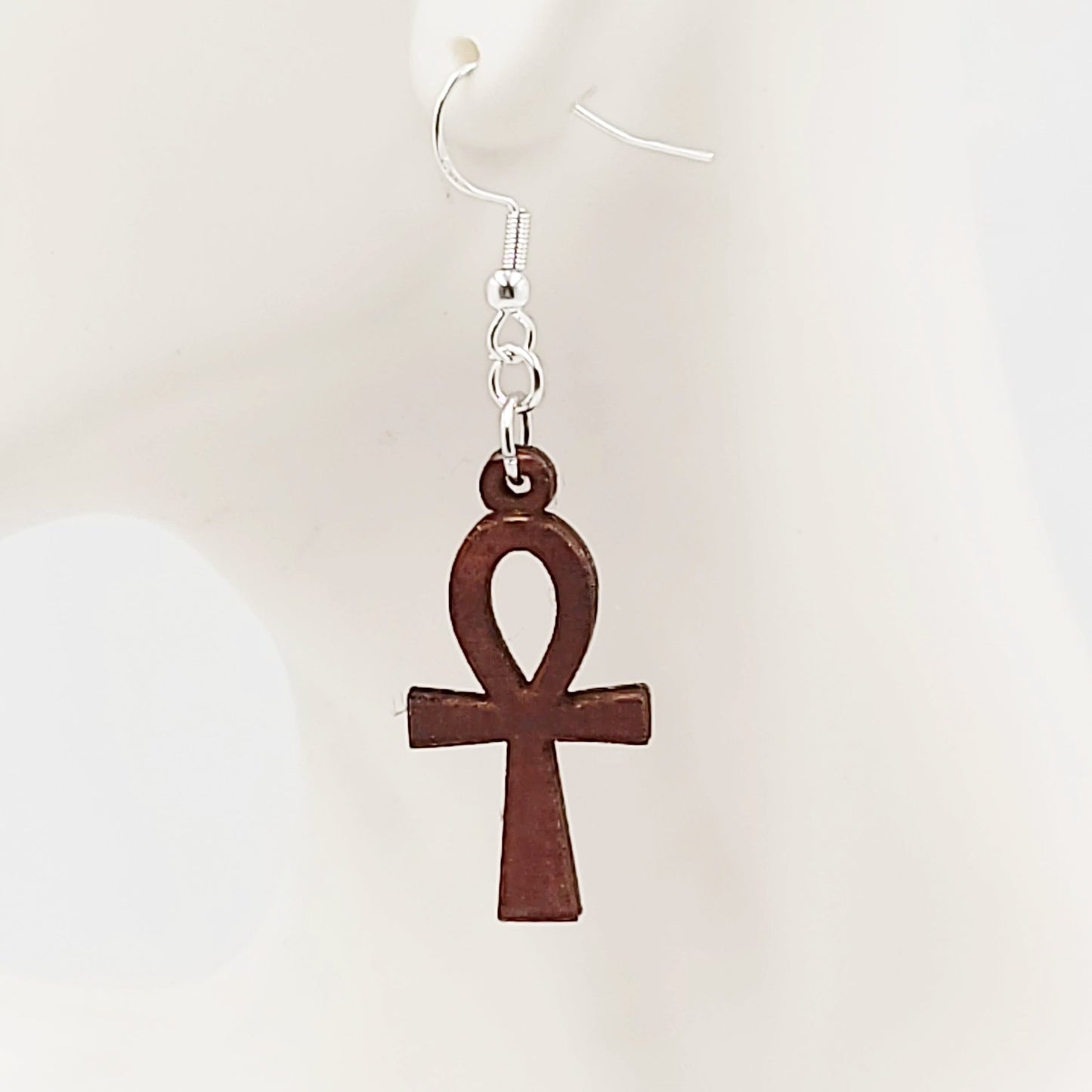 Wood Ankh Earrings Sterling Silver Dangle - Elevated Metaphysical