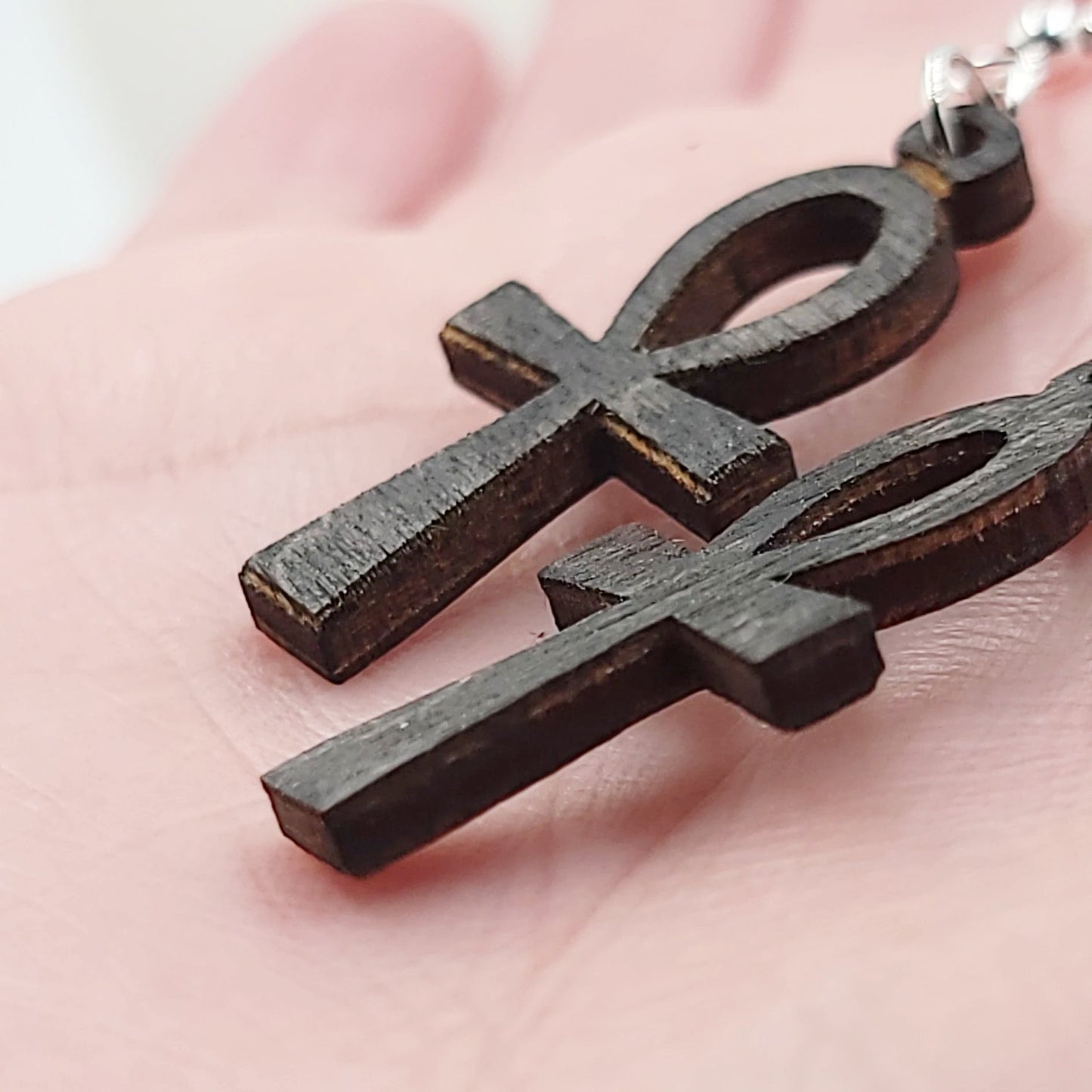 Wood Ankh Earrings Sterling Silver Dangle - Elevated Metaphysical