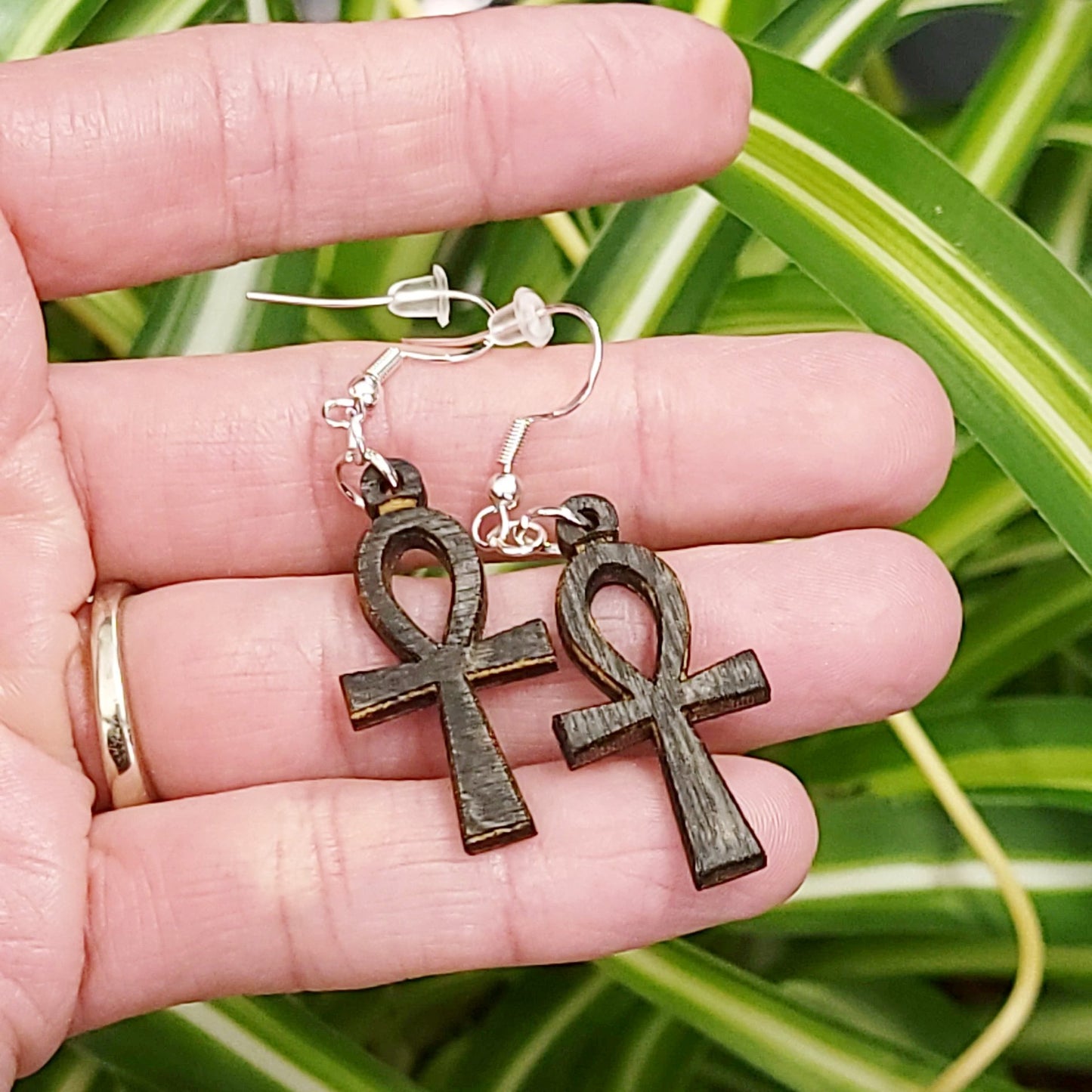 Wood Ankh Earrings Sterling Silver Dangle - Elevated Metaphysical