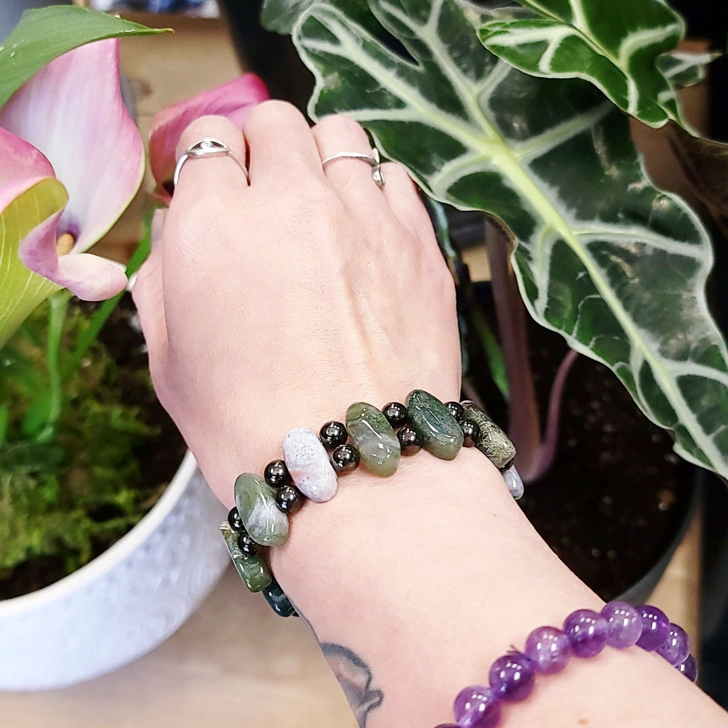 Moss Agate and Hematite Bead Bracelet - Elevated Metaphysical