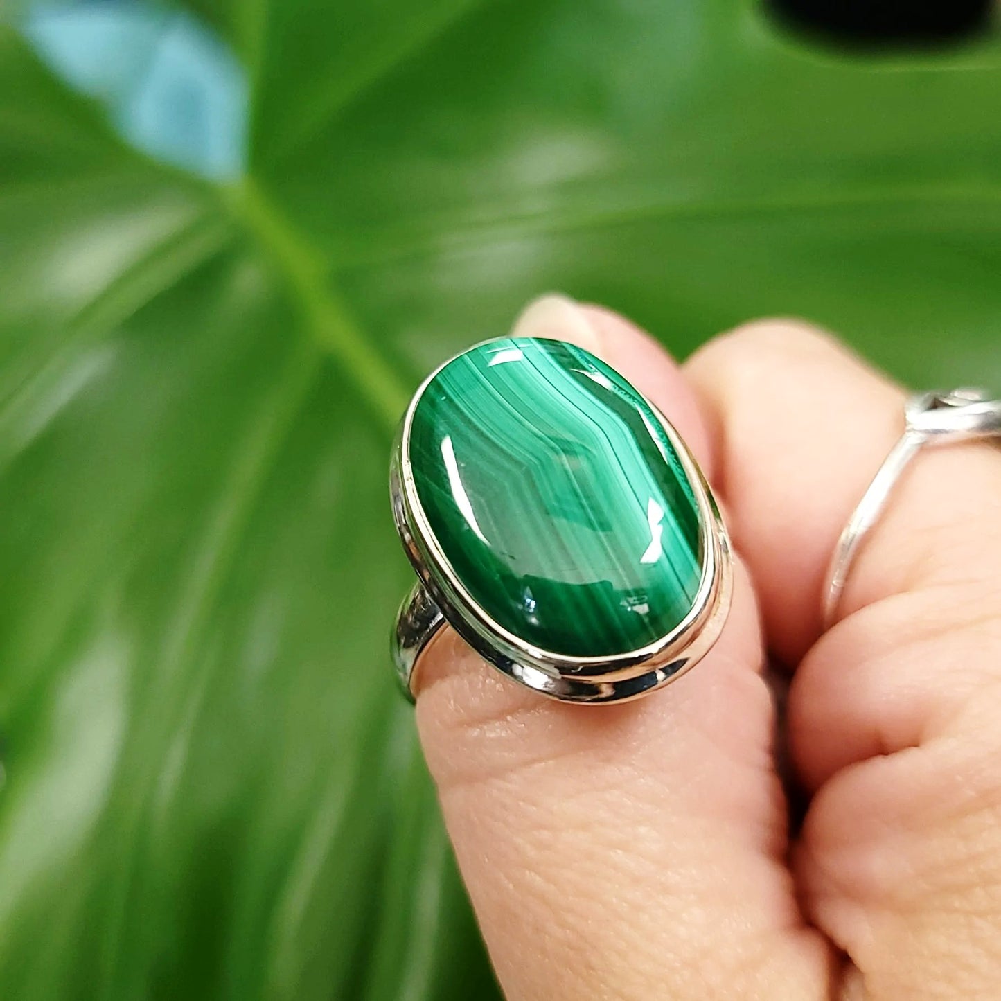 Malachite Ring Sterling Silver Band Oval