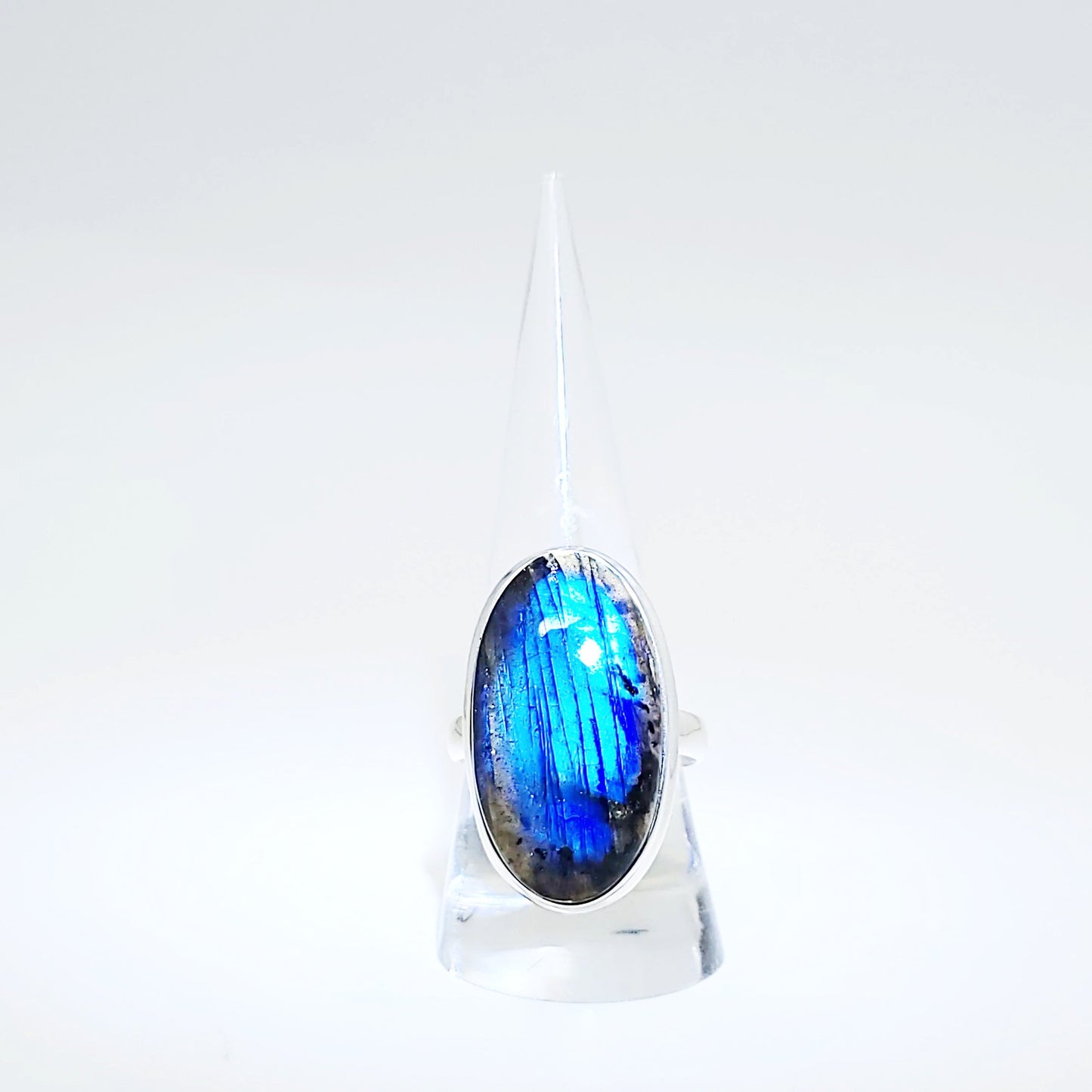 Labradorite Ring Sterling Silver Ring Rainbow Blue Flash Large - Elevated Metaphysical
