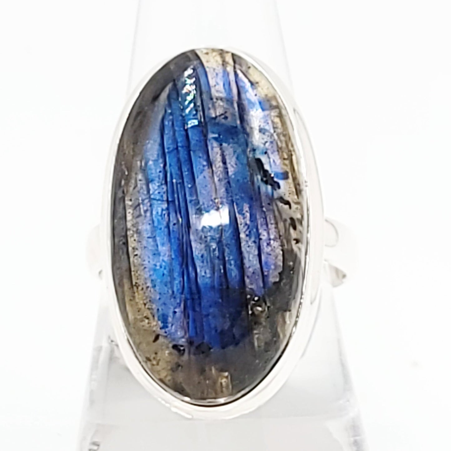 Labradorite Ring Sterling Silver Ring Rainbow Blue Flash Large - Elevated Metaphysical