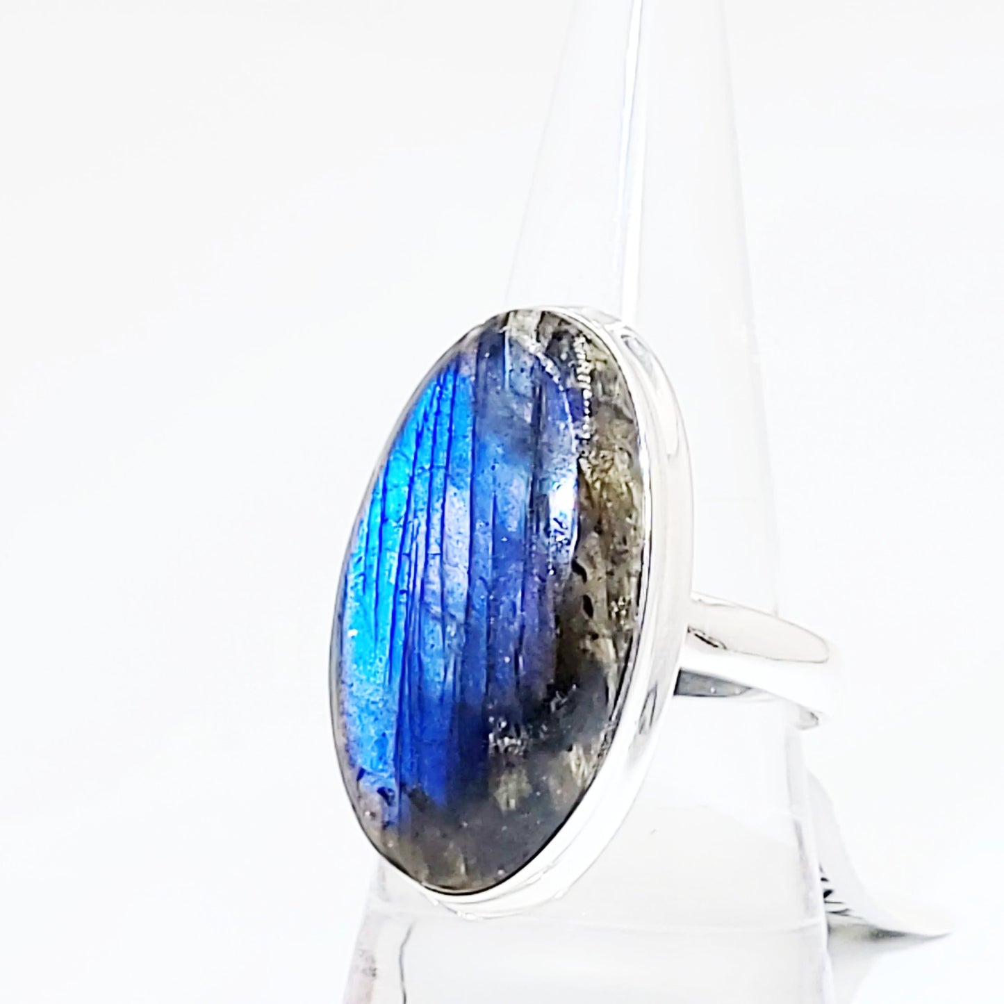 Labradorite Ring Sterling Silver Ring Rainbow Blue Flash Large - Elevated Metaphysical