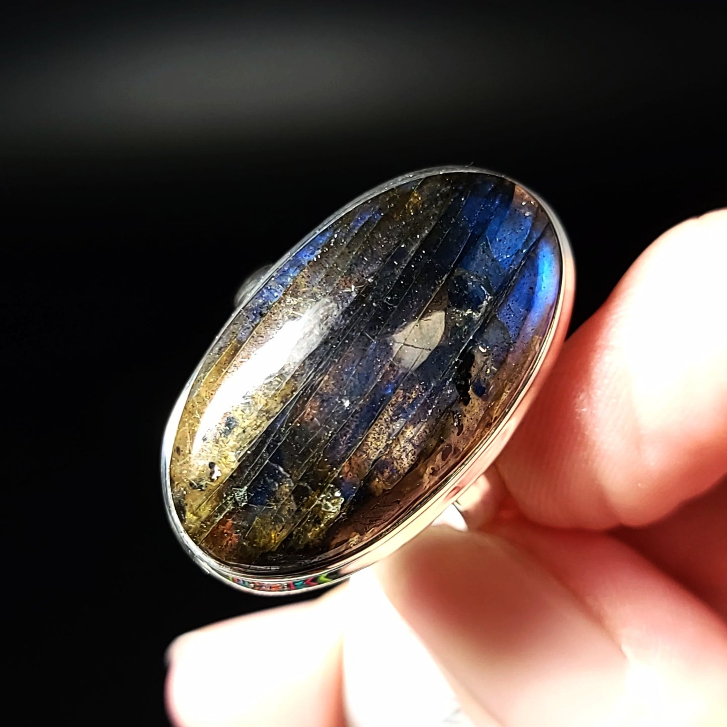 Labradorite Ring Sterling Silver Ring Rainbow Blue Flash Large - Elevated Metaphysical