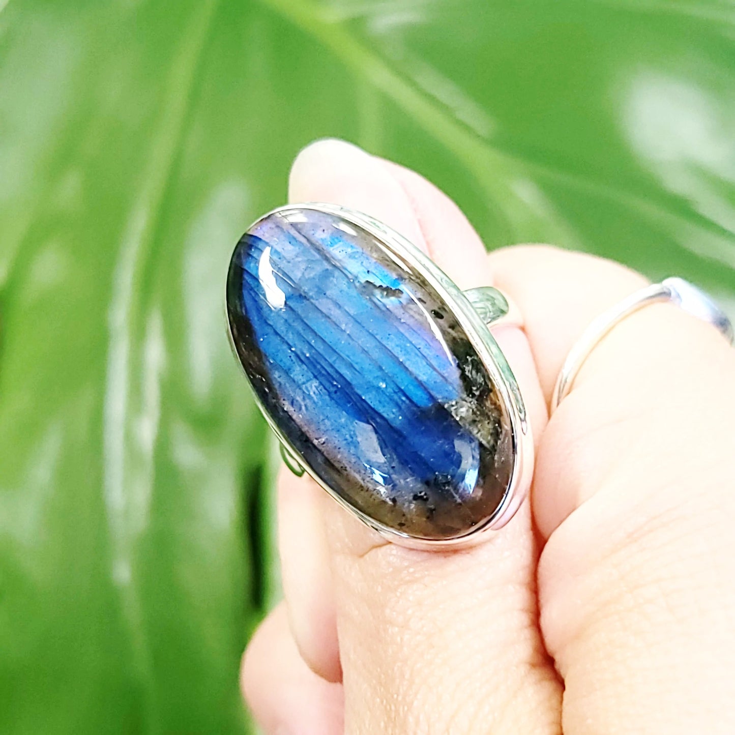 Labradorite Ring Sterling Silver Ring Rainbow Blue Flash Large - Elevated Metaphysical