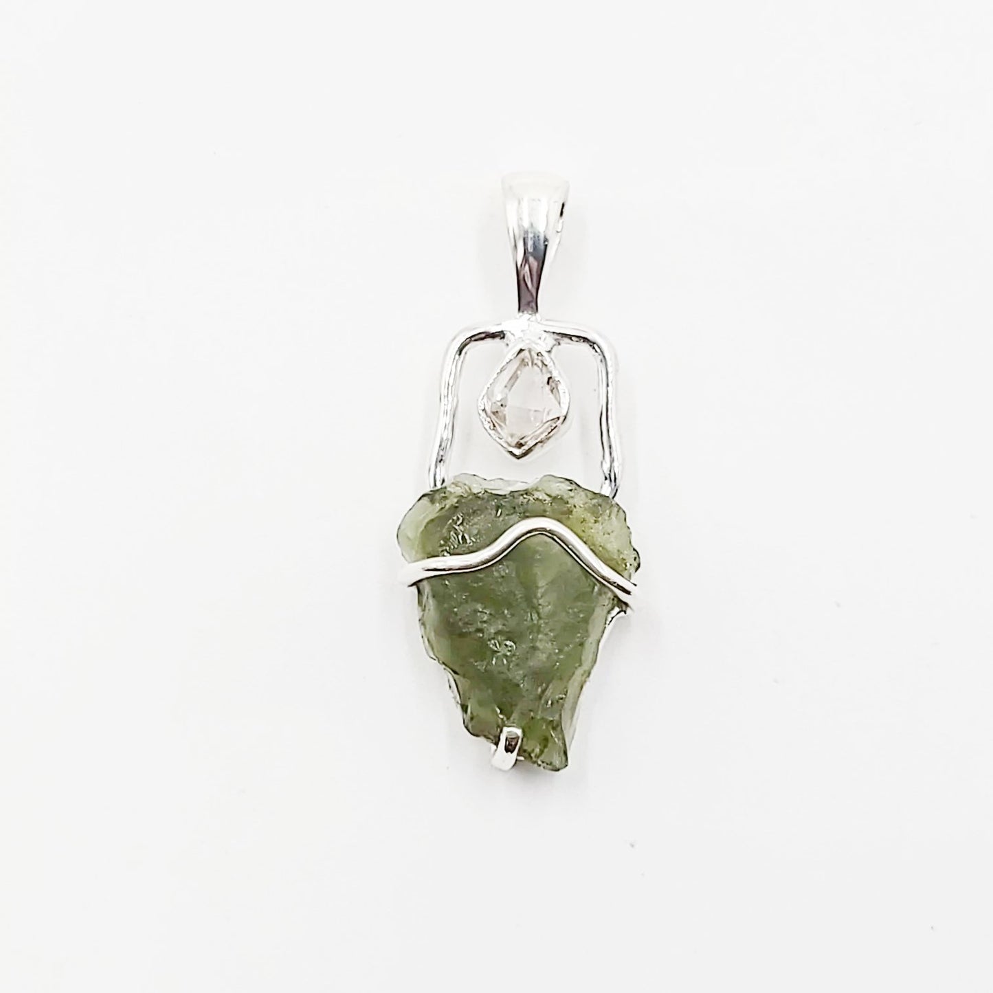 Moldavite & Herkimer Diamond Pendant Sterling Silver Rough Free Form - Elevated Metaphysical