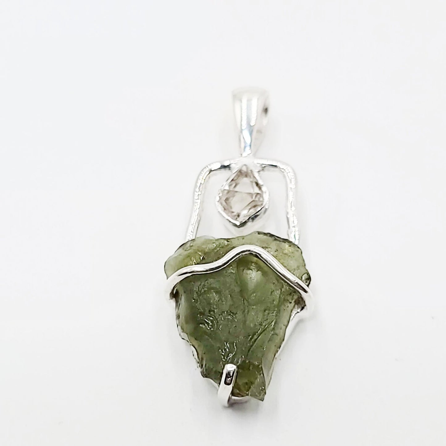 Moldavite & Herkimer Diamond Pendant Sterling Silver Rough Free Form - Elevated Metaphysical