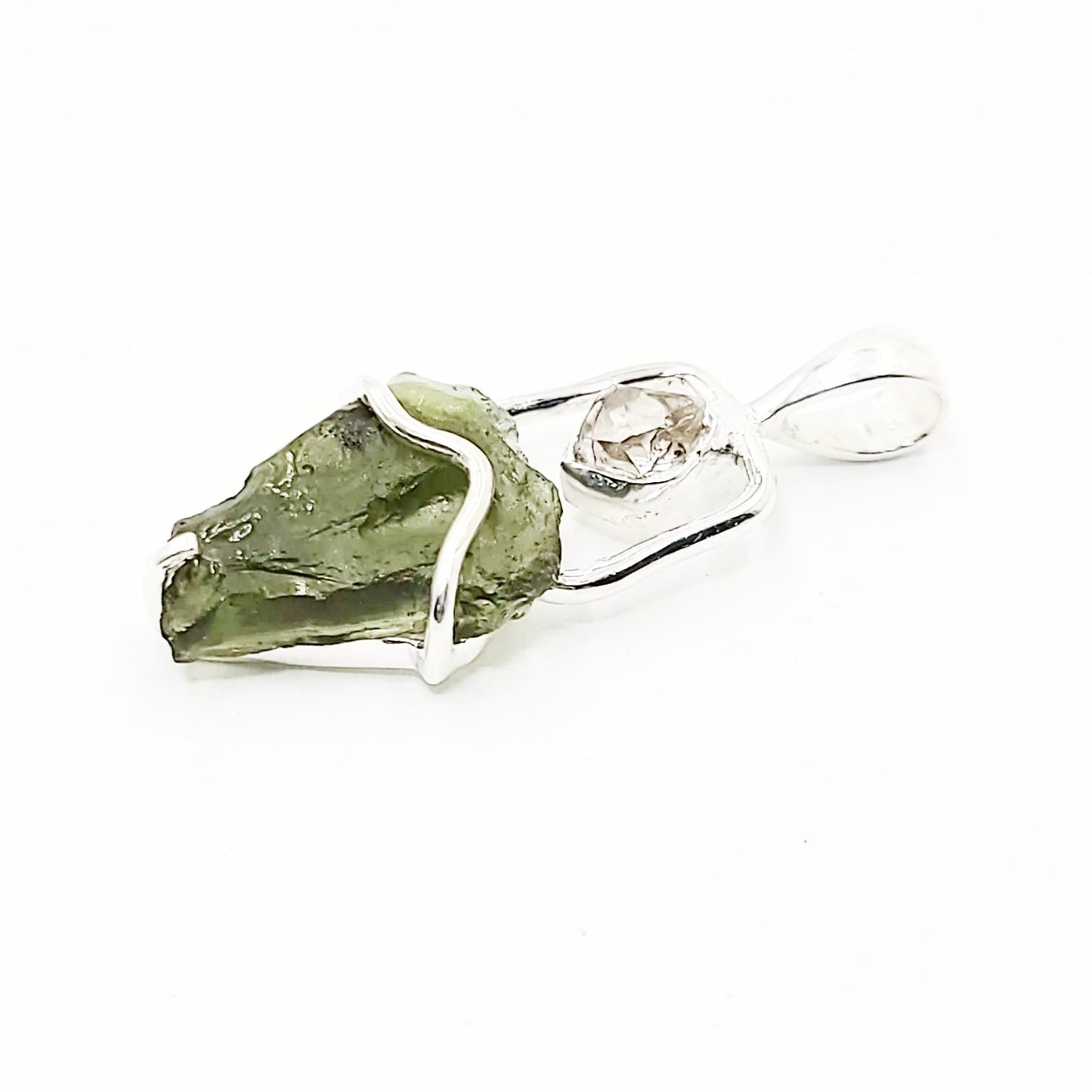Moldavite & Herkimer Diamond Pendant Sterling Silver Rough Free Form - Elevated Metaphysical