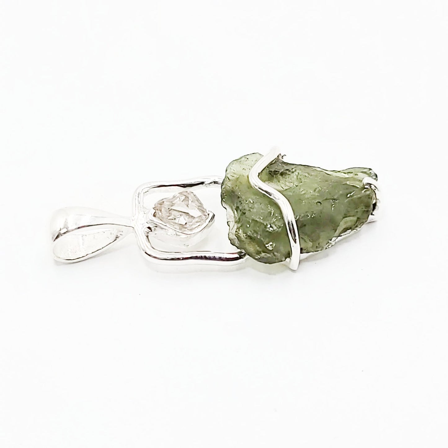 Moldavite & Herkimer Diamond Pendant Sterling Silver Rough Free Form - Elevated Metaphysical