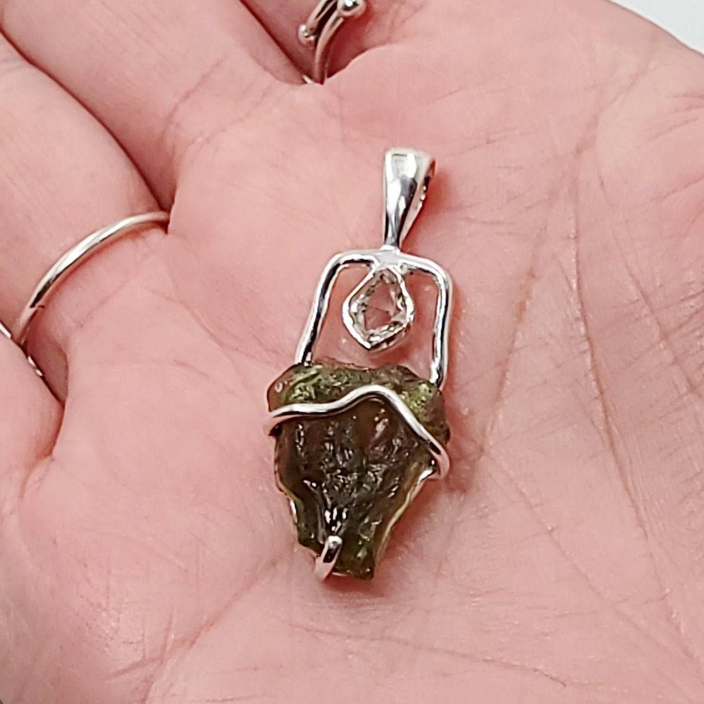 Moldavite & Herkimer Diamond Pendant Sterling Silver Rough Free Form - Elevated Metaphysical