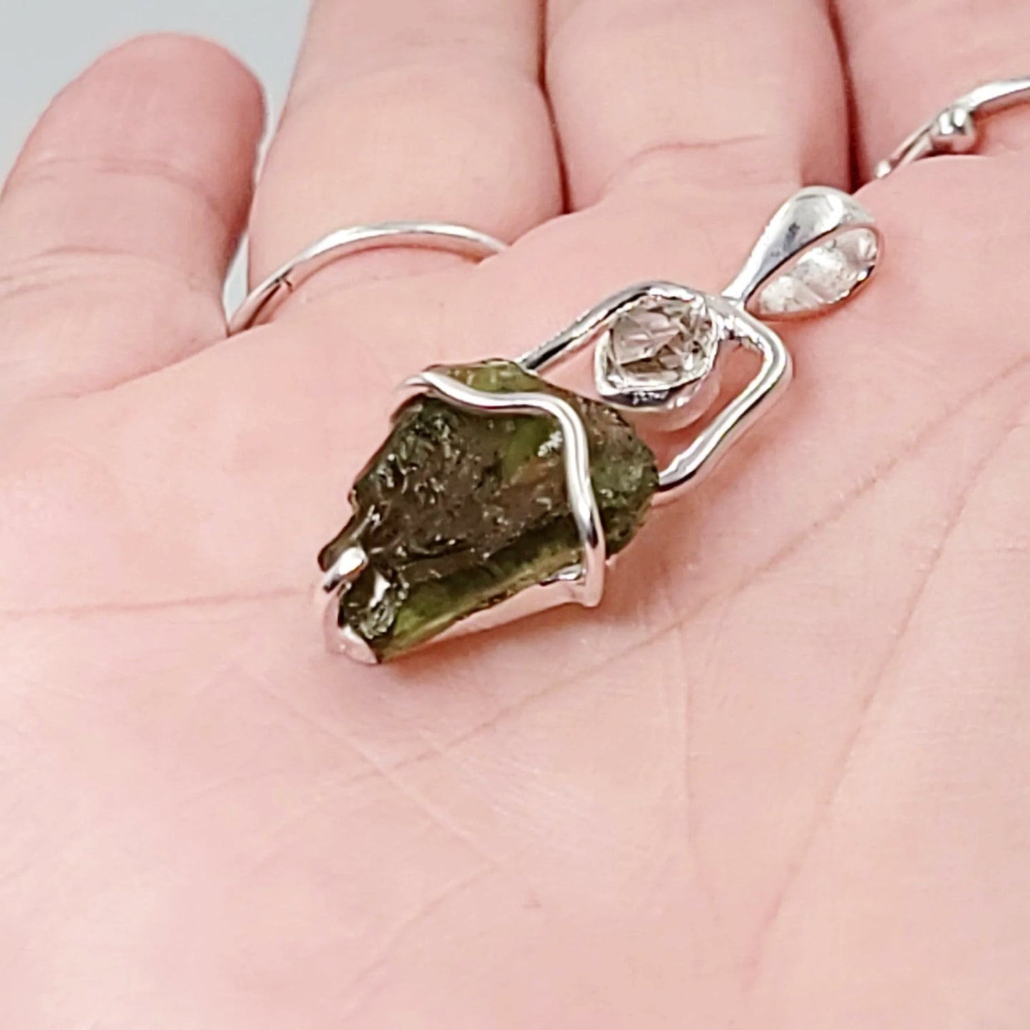 Moldavite & Herkimer Diamond Pendant Sterling Silver Rough Free Form - Elevated Metaphysical