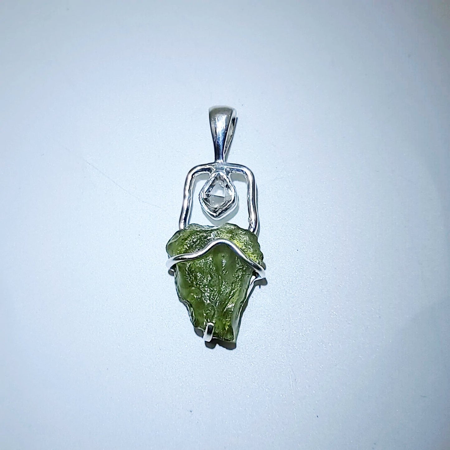 Moldavite & Herkimer Diamond Pendant Sterling Silver Rough Free Form - Elevated Metaphysical