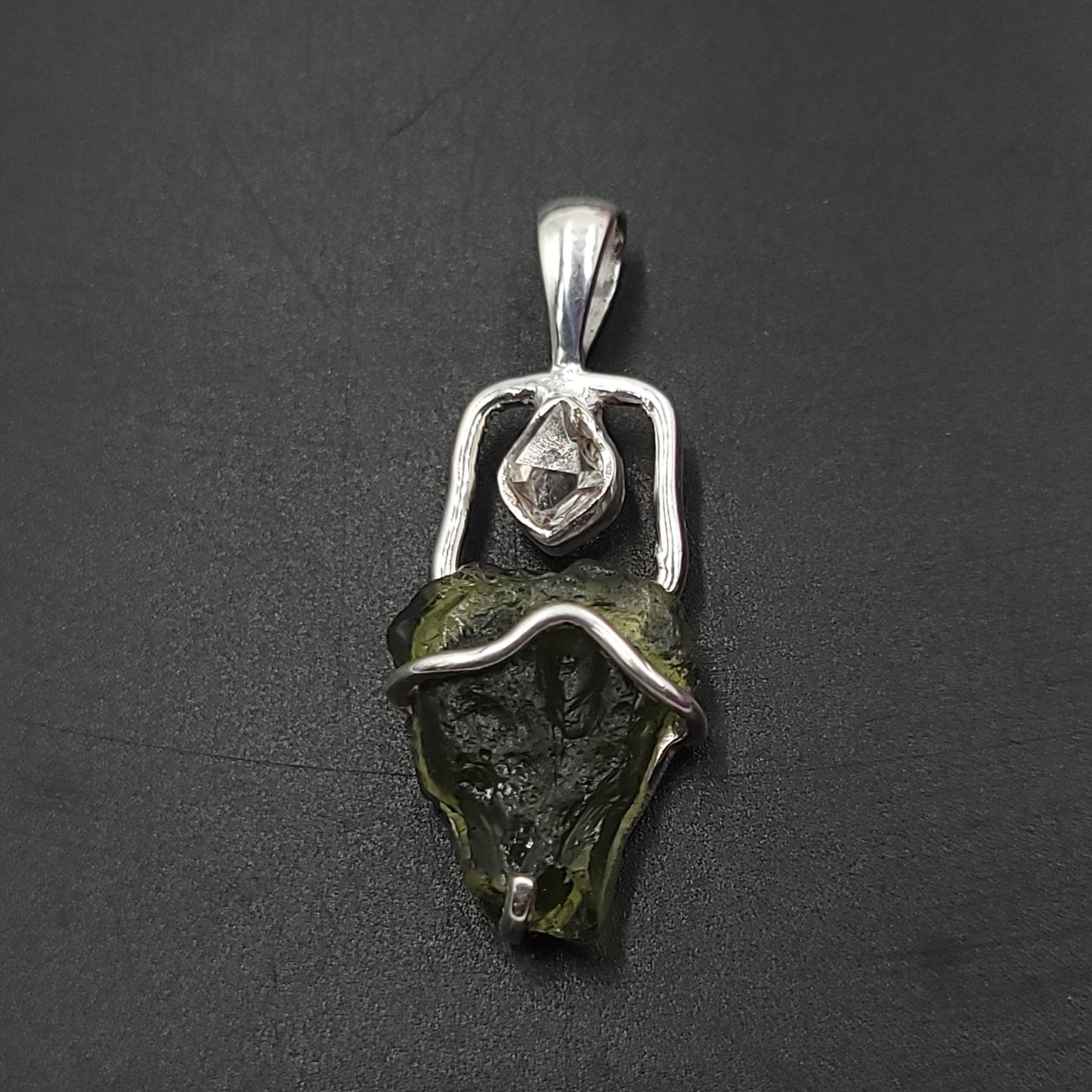 Moldavite & Herkimer Diamond Pendant Sterling Silver Rough Free Form - Elevated Metaphysical
