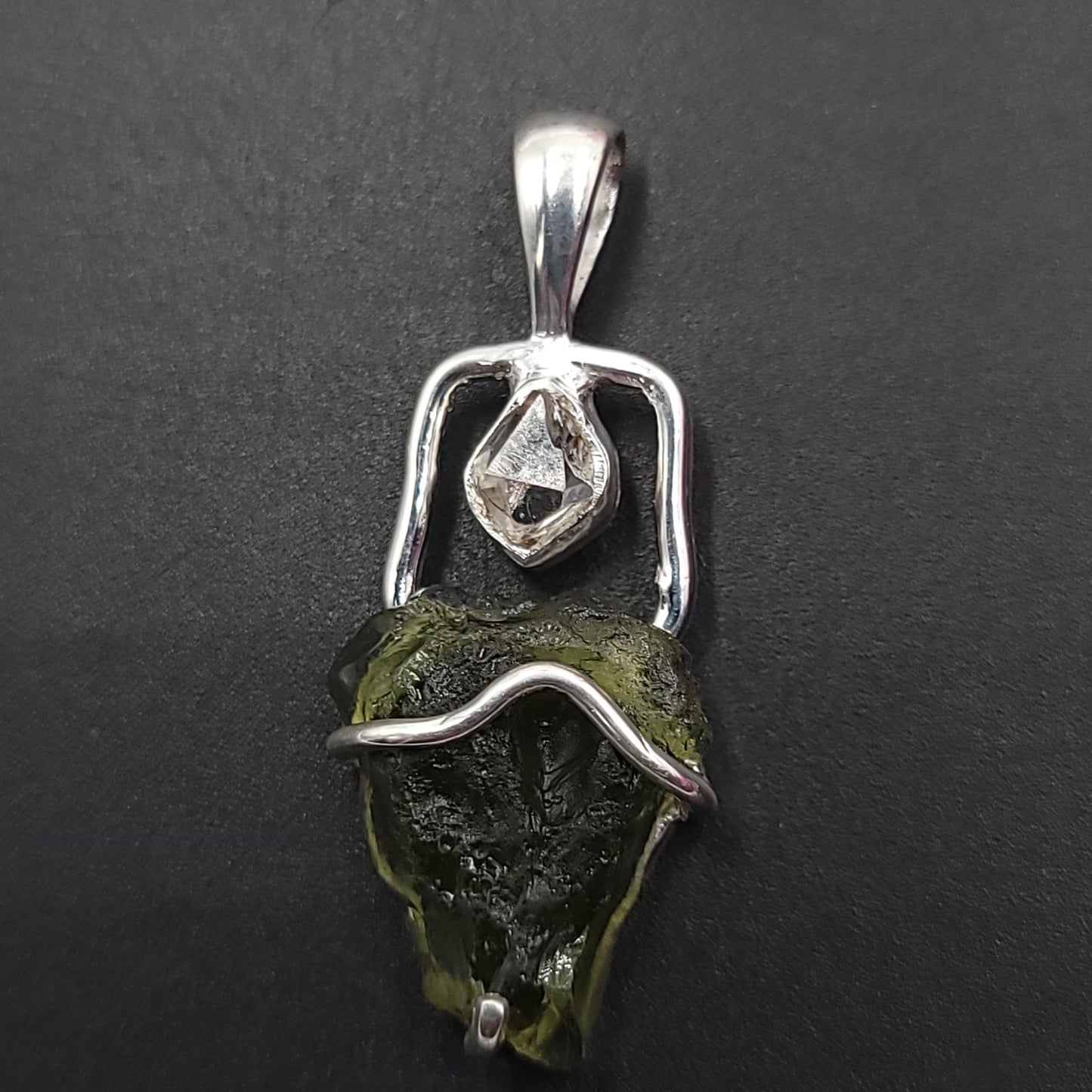 Moldavite & Herkimer Diamond Pendant Sterling Silver Rough Free Form - Elevated Metaphysical