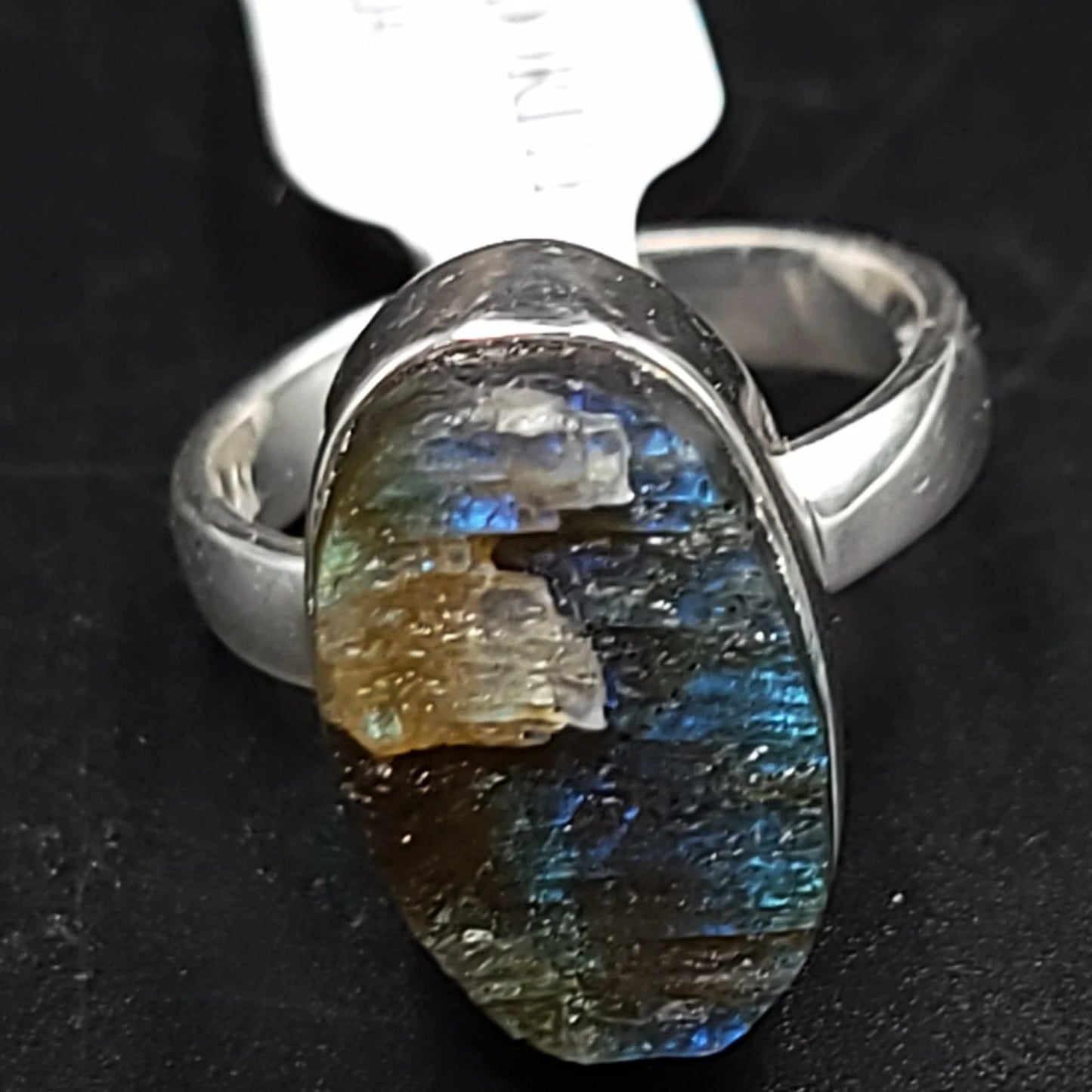 Labradorite Ring Sterling Silver Oval Rough Blue/Green Stone - Elevated Metaphysical
