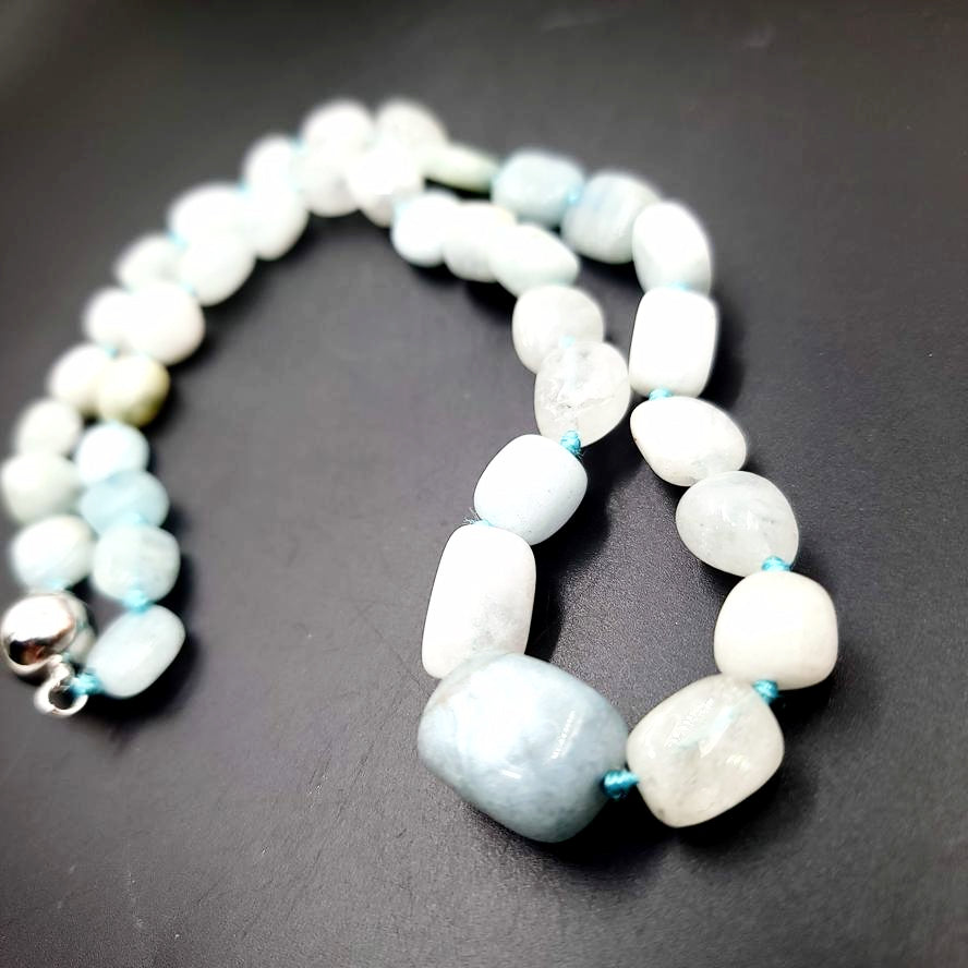 Aquamarine Bead Necklace Tumbled Stones 20" 51cm