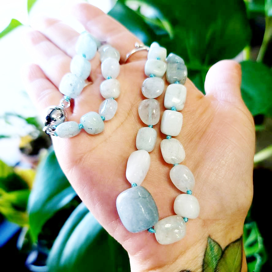 Aquamarine Bead Necklace Tumbled Stones 20" 51cm