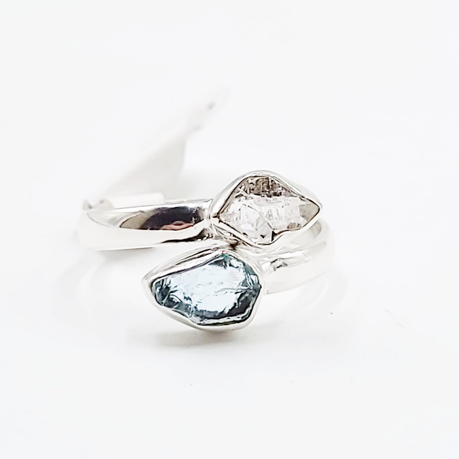 Herkimer Diamond & Aquamarine Duo Ring Sterling Silver Size 7 - Elevated Metaphysical