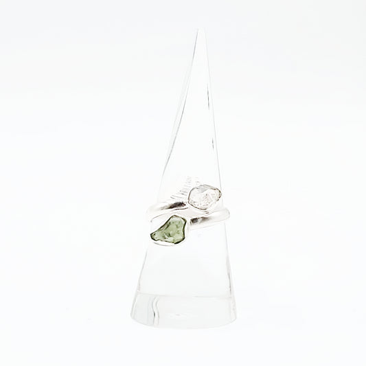 Herkimer Diamond & Moldavite Duo Ring Sterling Silver Size 8