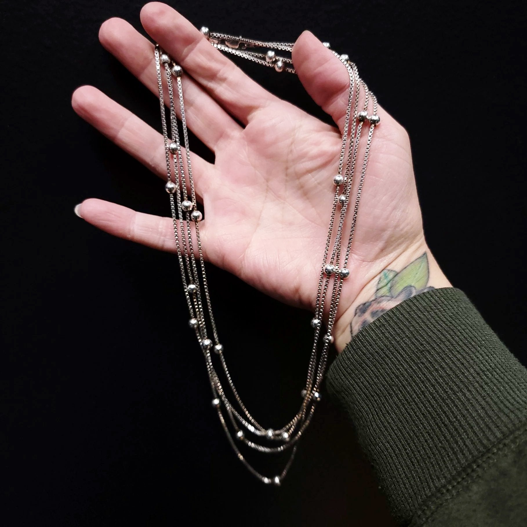 Sterling Silver Box Link Necklace with Silver Beads, 80" and 28.8 Grams - Elevated Metaphysical