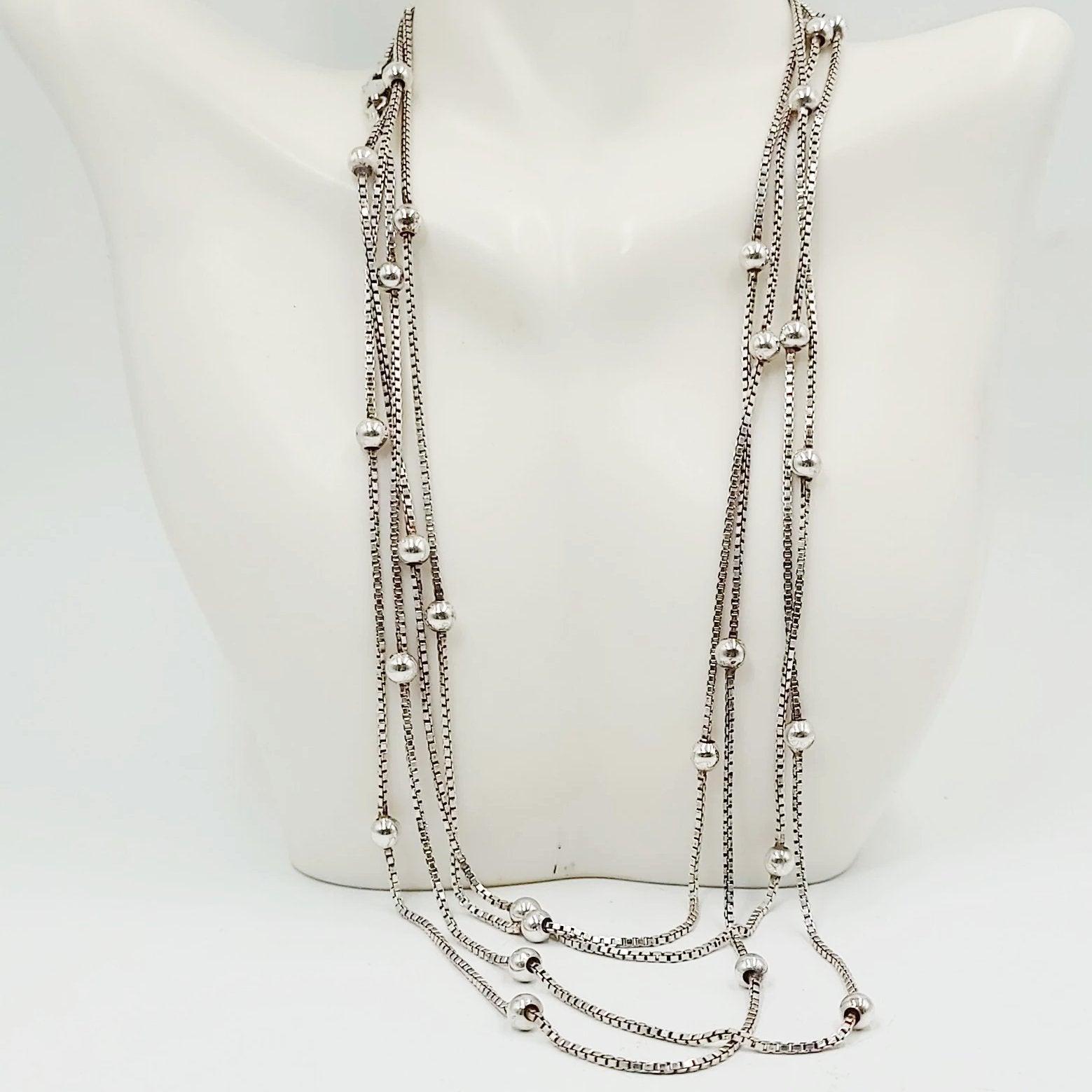 Sterling Silver Box Link Necklace with Silver Beads, 80" and 28.8 Grams - Elevated Metaphysical
