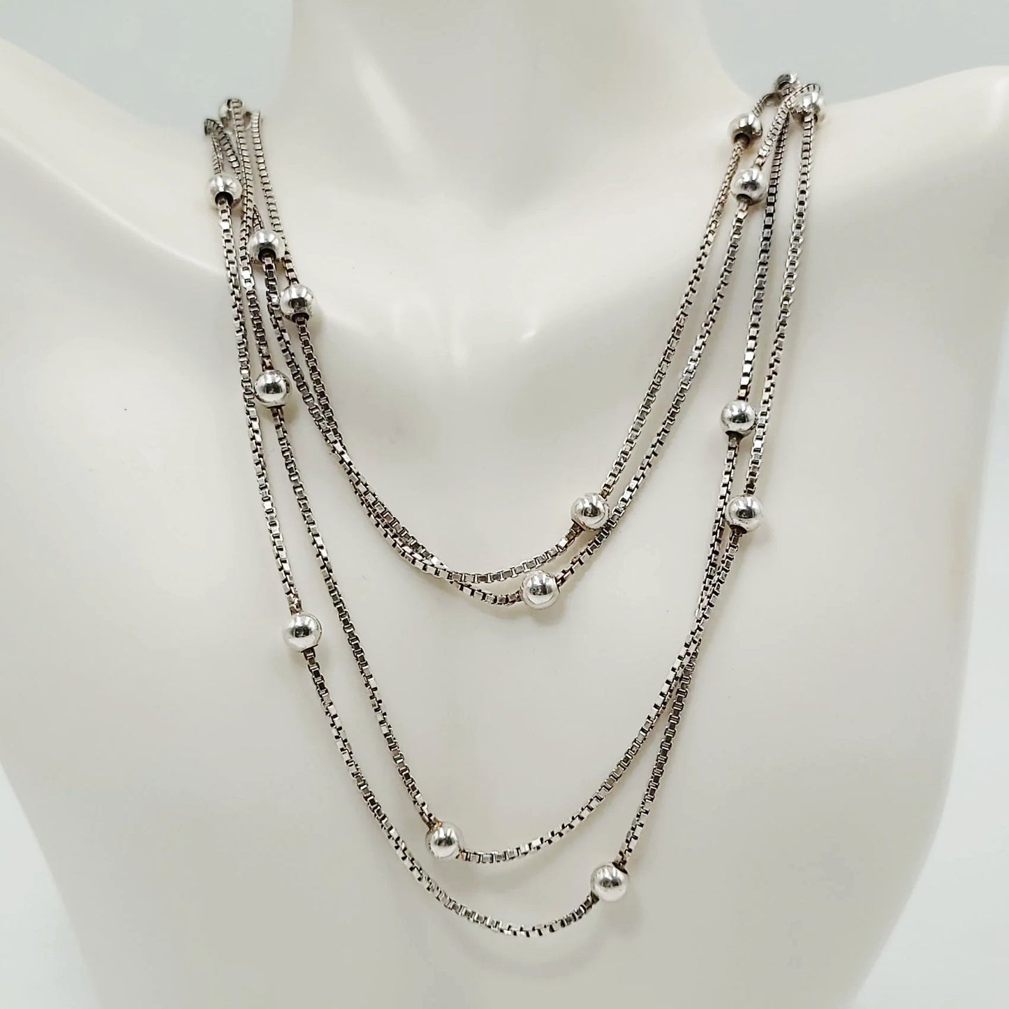 Sterling Silver Box Link Necklace with Silver Beads, 80" and 28.8 Grams - Elevated Metaphysical