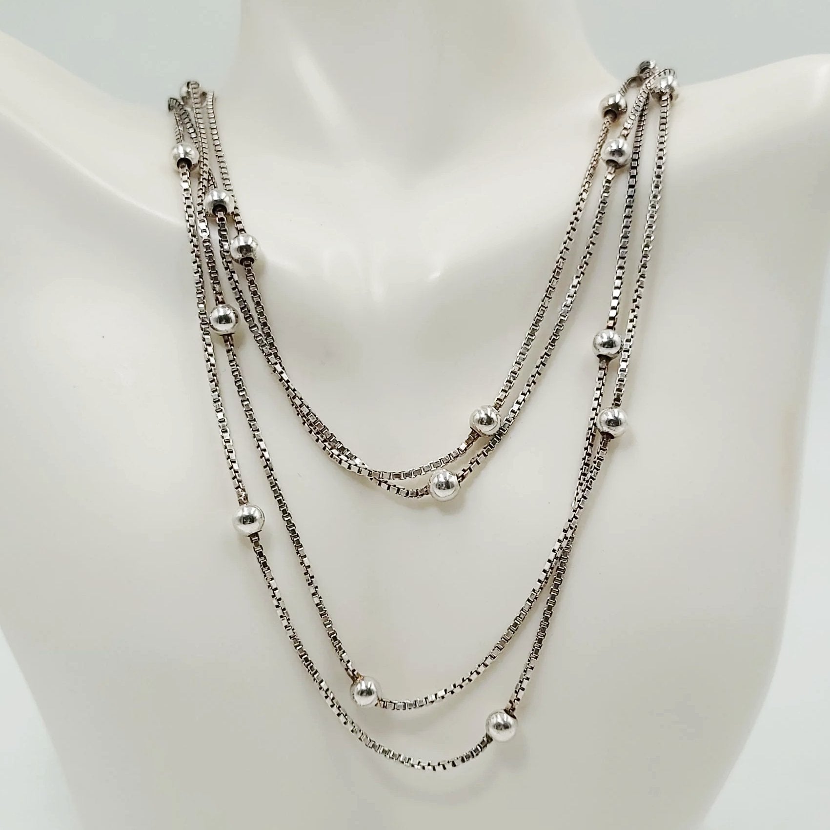 Sterling Silver Box Link Necklace with Silver Beads, 80" and 28.8 Grams - Elevated Metaphysical