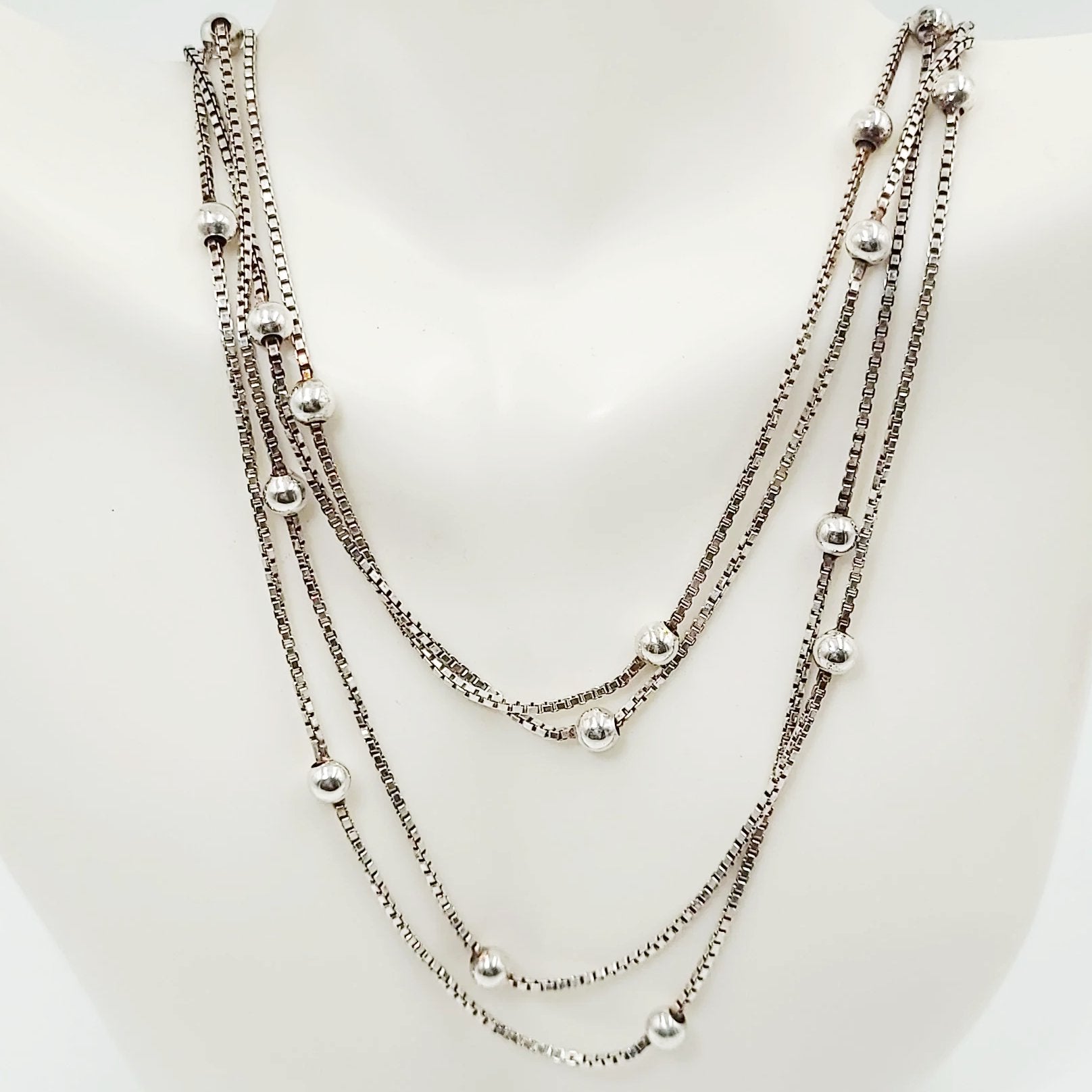Sterling Silver Box Link Necklace with Silver Beads, 80" and 28.8 Grams - Elevated Metaphysical