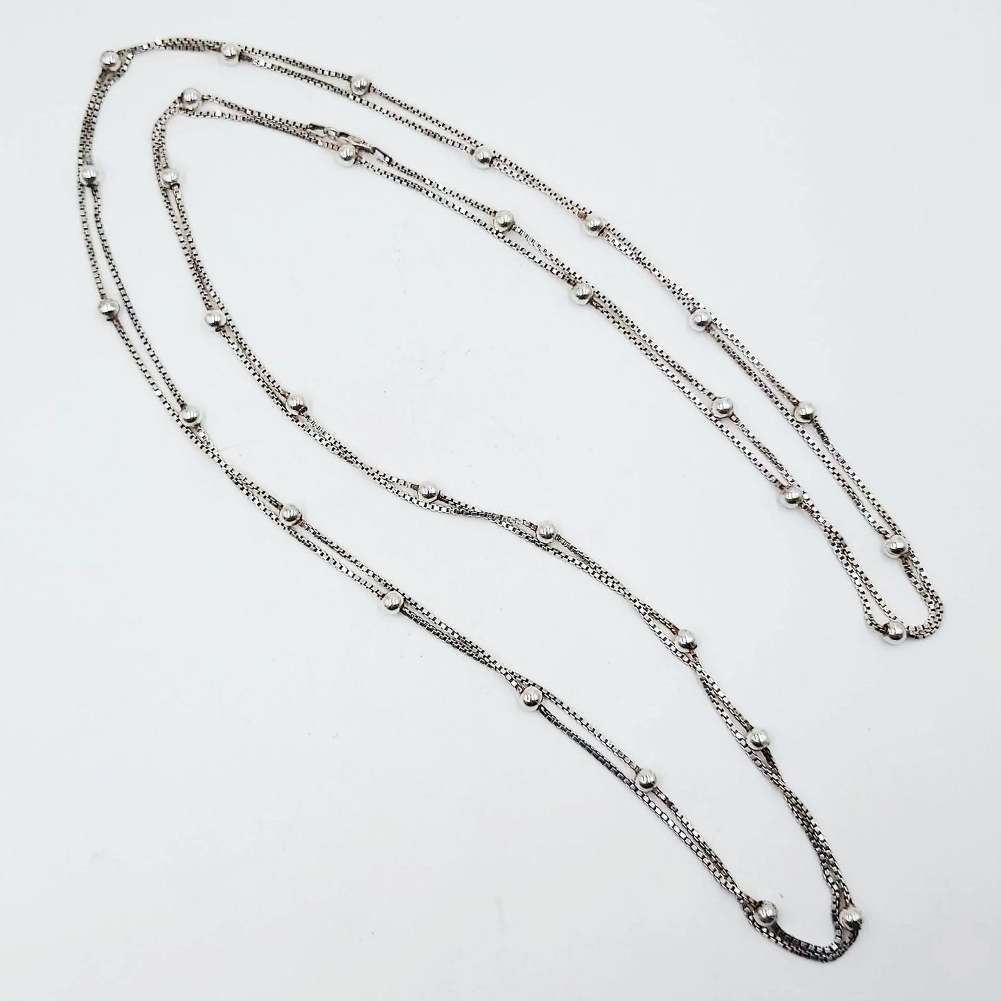 Sterling Silver Box Link Necklace with Silver Beads, 80" and 28.8 Grams - Elevated Metaphysical