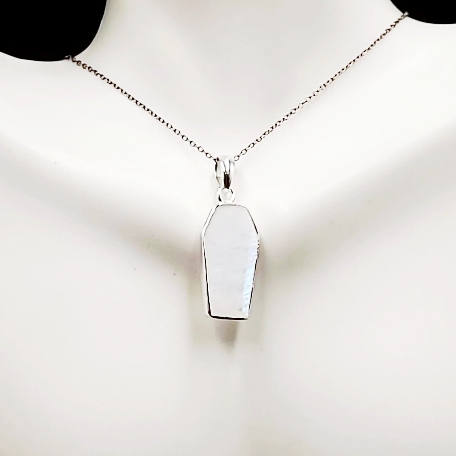 Blue Fire Rainbow Moonstone Coffin Pendant Sterling Silver Charm - Elevated Metaphysical
