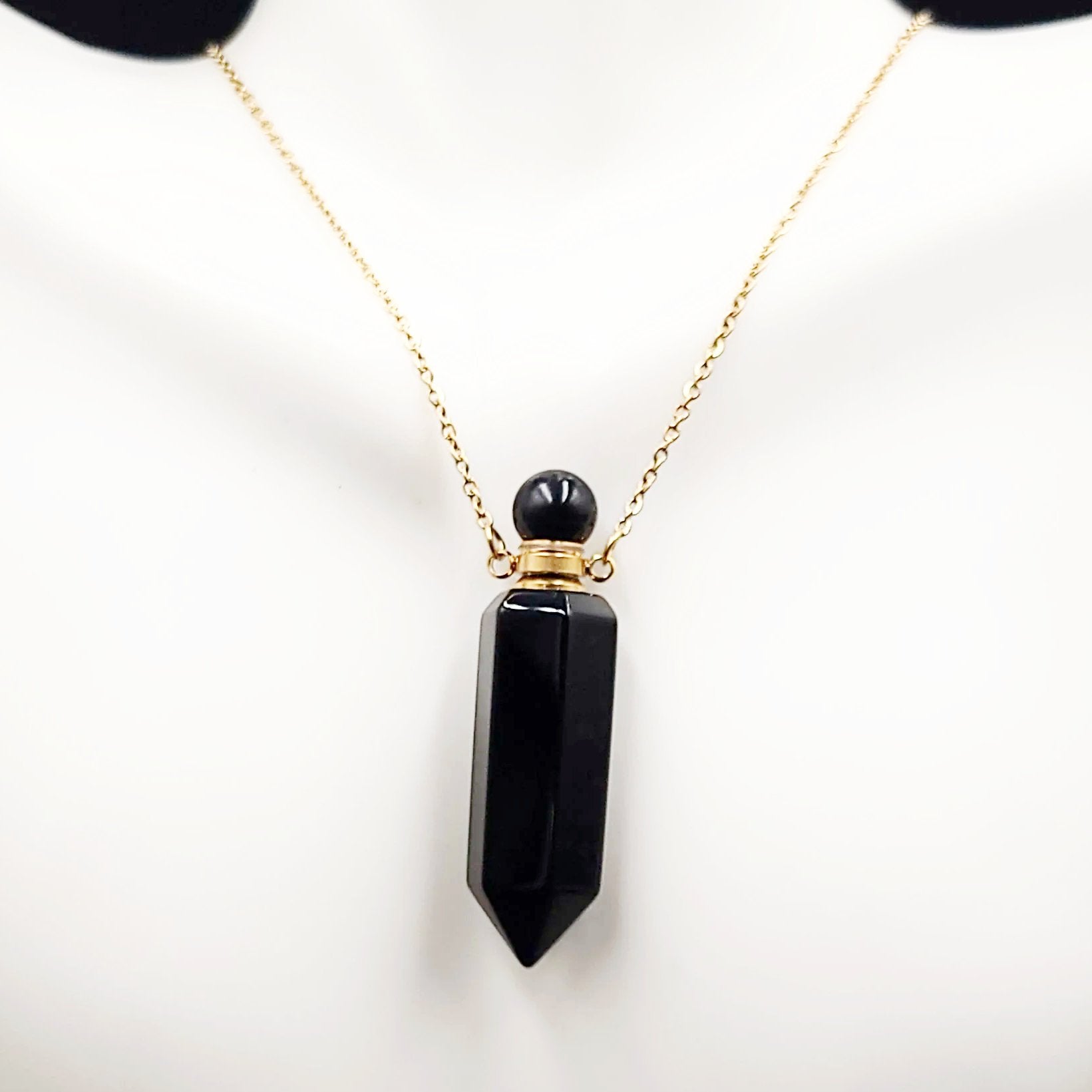 Black Obsidian Bottle Pendant Necklace Holder Perfume Oils Incense Ashes - Elevated Metaphysical