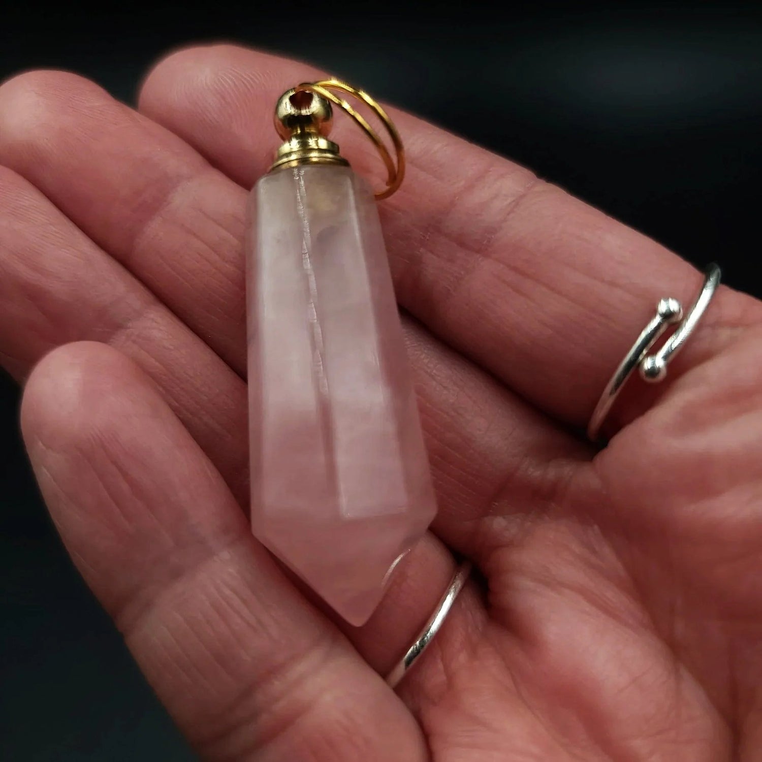 Rose Quartz Point Bottle Pendant Holder Perfume Oils Incense Ashes Large Reservoir - Elevated Metaphysical