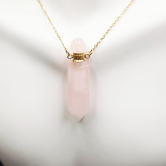 Rose Quartz Point Bottle Pendant Necklace Holder Perfume Oils Incense Ashes