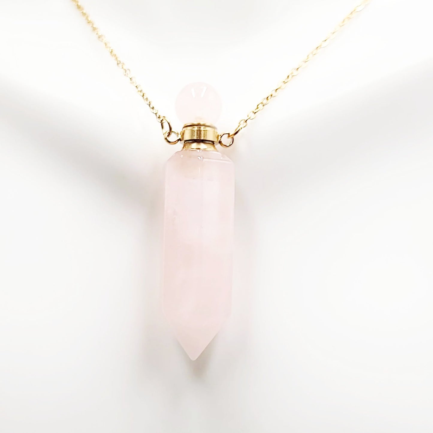 Rose Quartz Point Bottle Pendant Necklace Holder Perfume Oils Incense Ashes