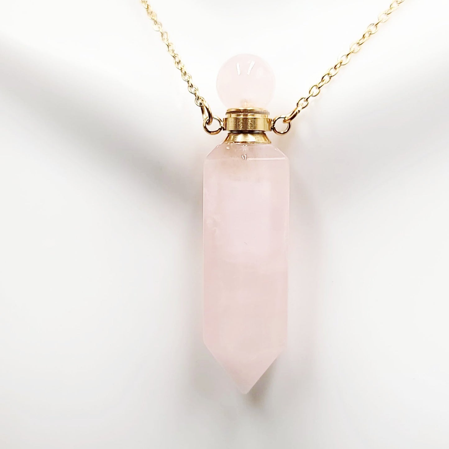 Rose Quartz Point Bottle Pendant Necklace Holder Perfume Oils Incense Ashes