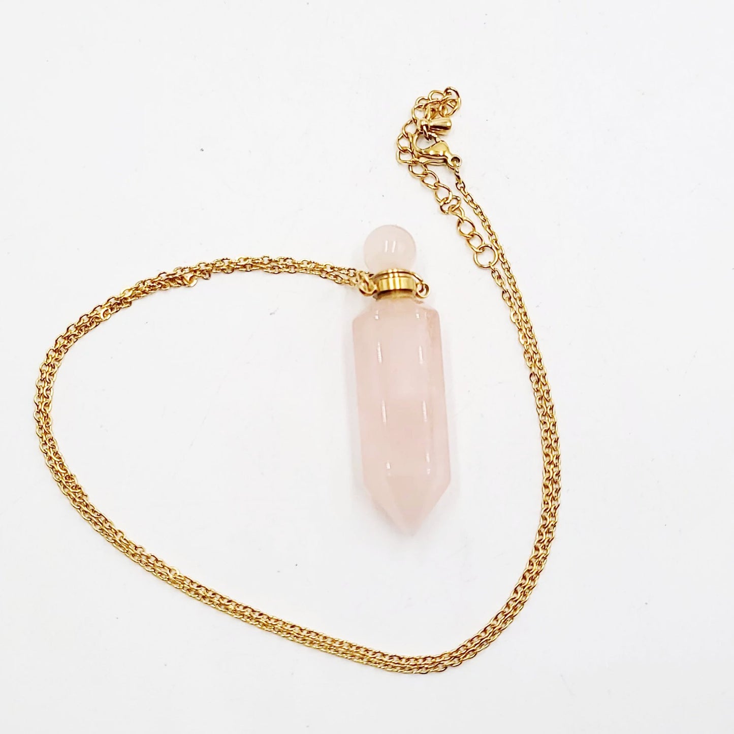 Rose Quartz Point Bottle Pendant Necklace Holder Perfume Oils Incense Ashes