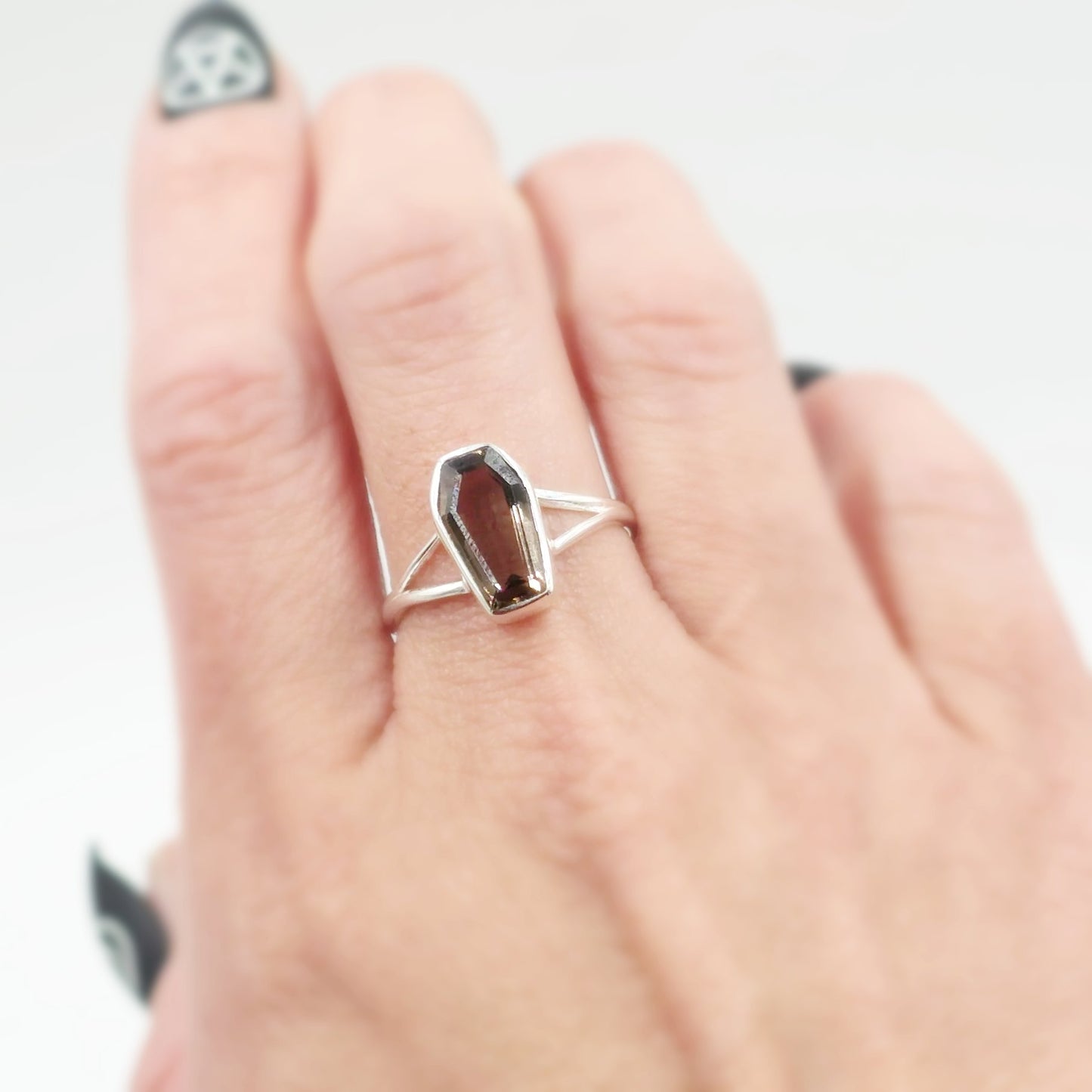 Smoky Quartz Coffin Ring Sterling Silver Size 9