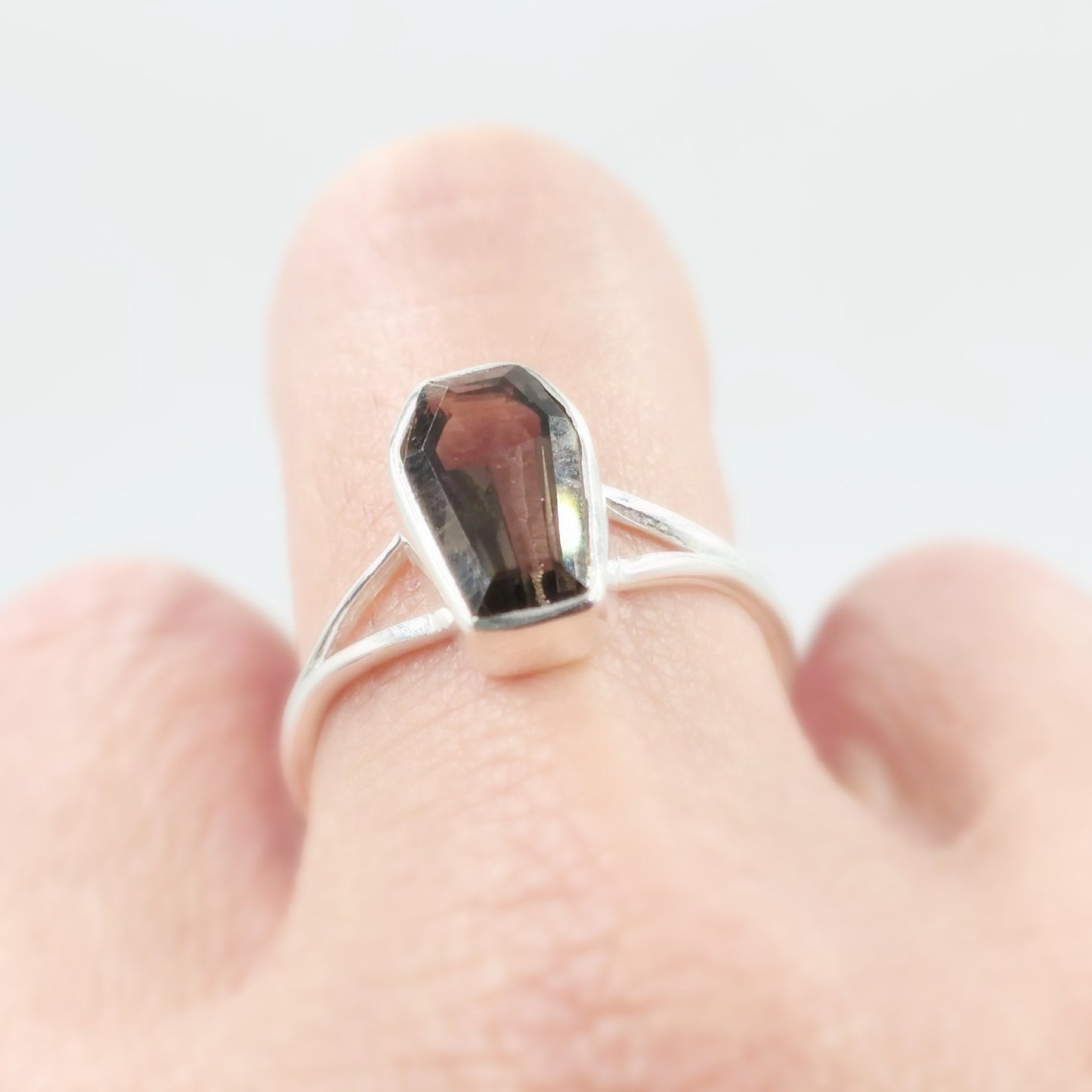 Smoky Quartz Coffin Ring Sterling Silver Size 9