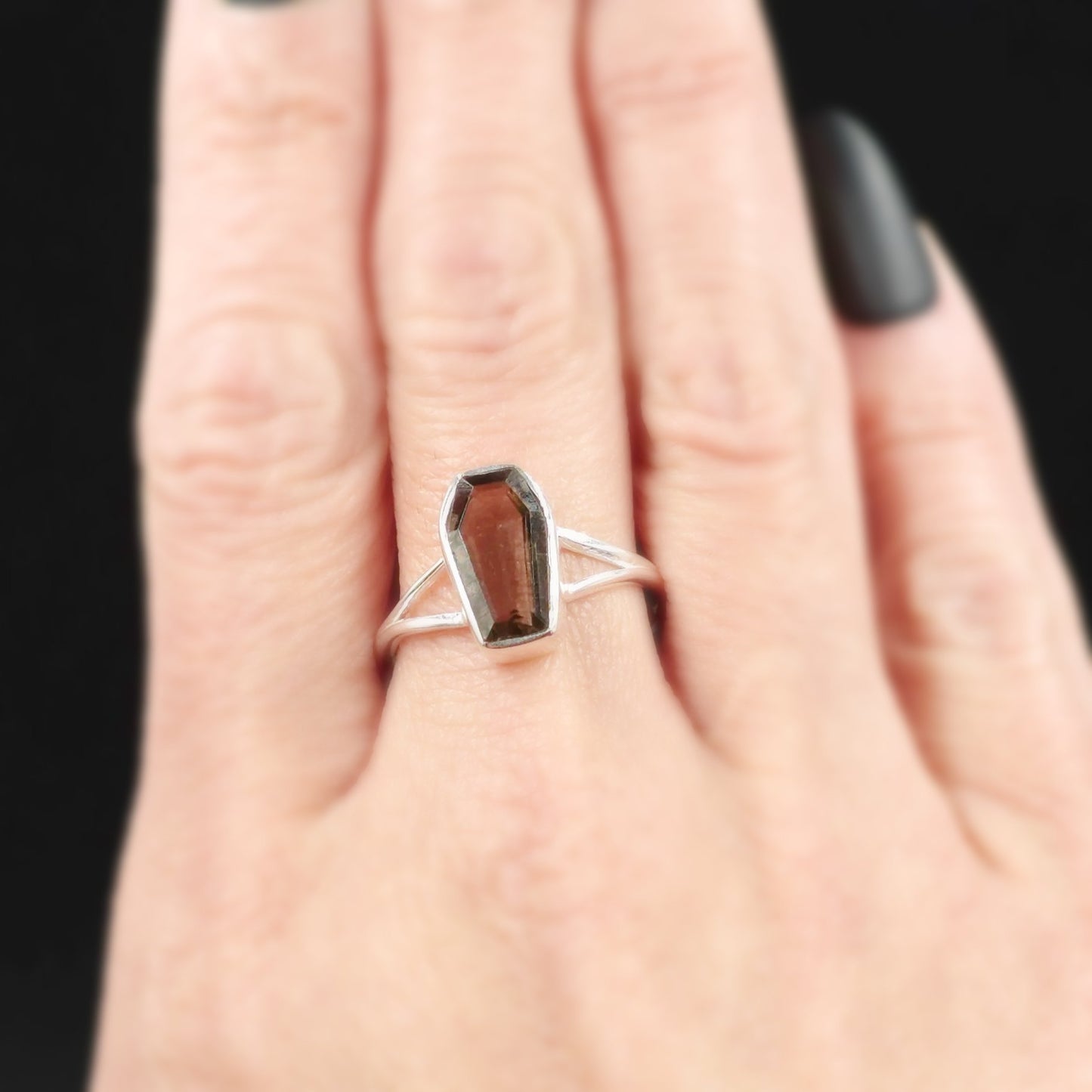 Smoky Quartz Coffin Ring Sterling Silver Size 9