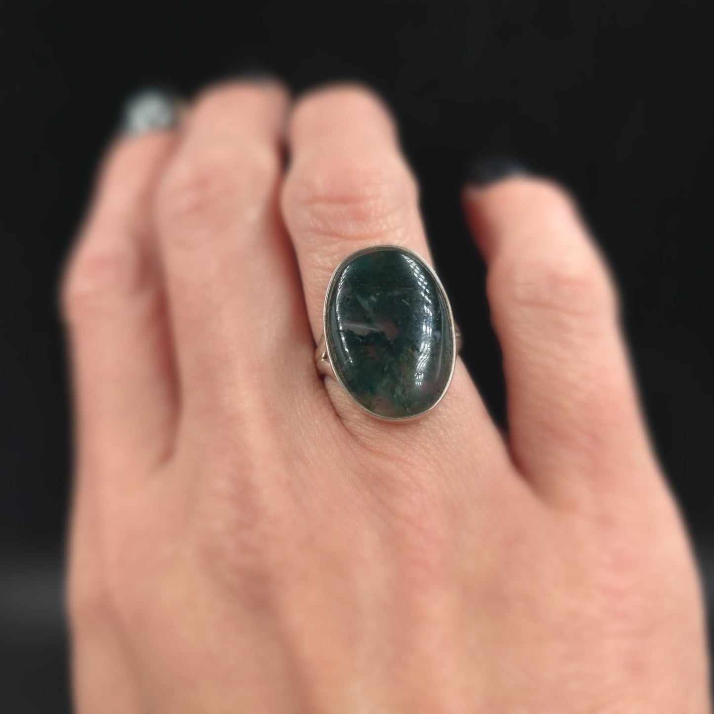 Moss Agate Ring Sterling Silver Band Size 6