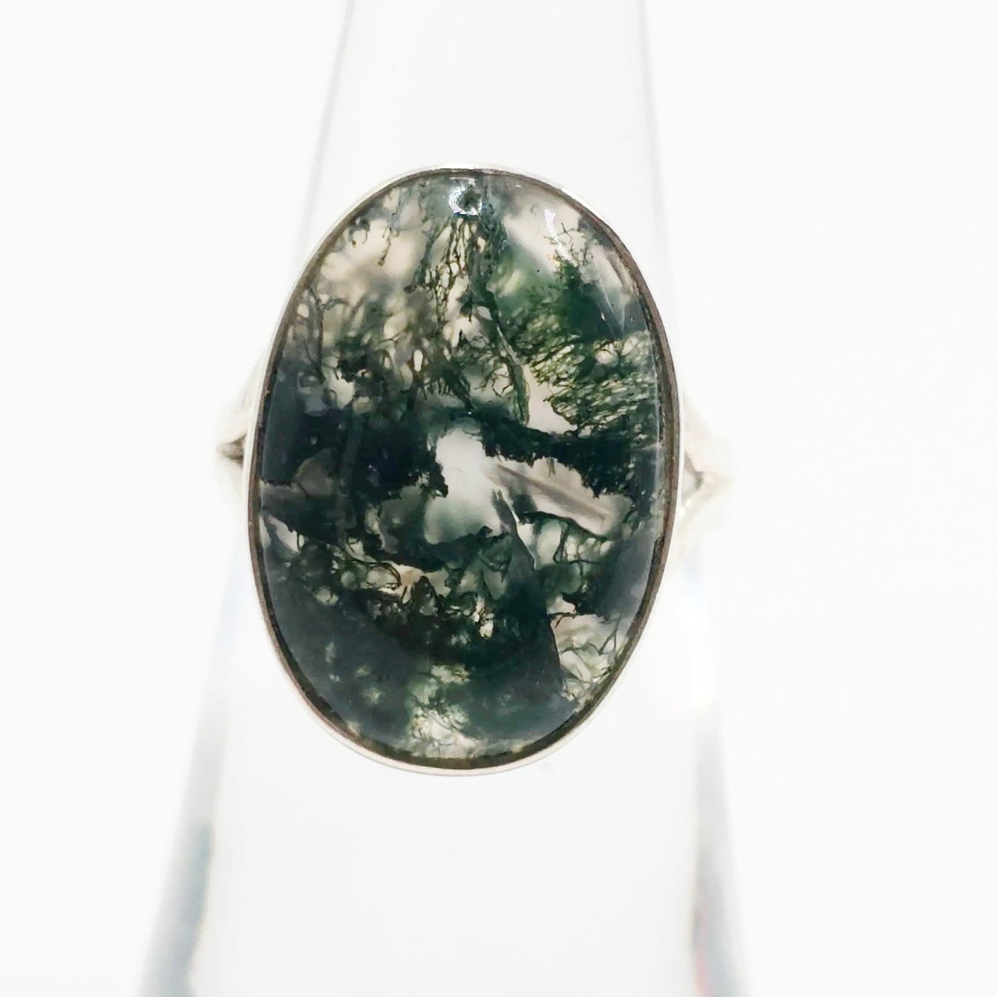 Moss Agate Ring Sterling Silver Band Size 6