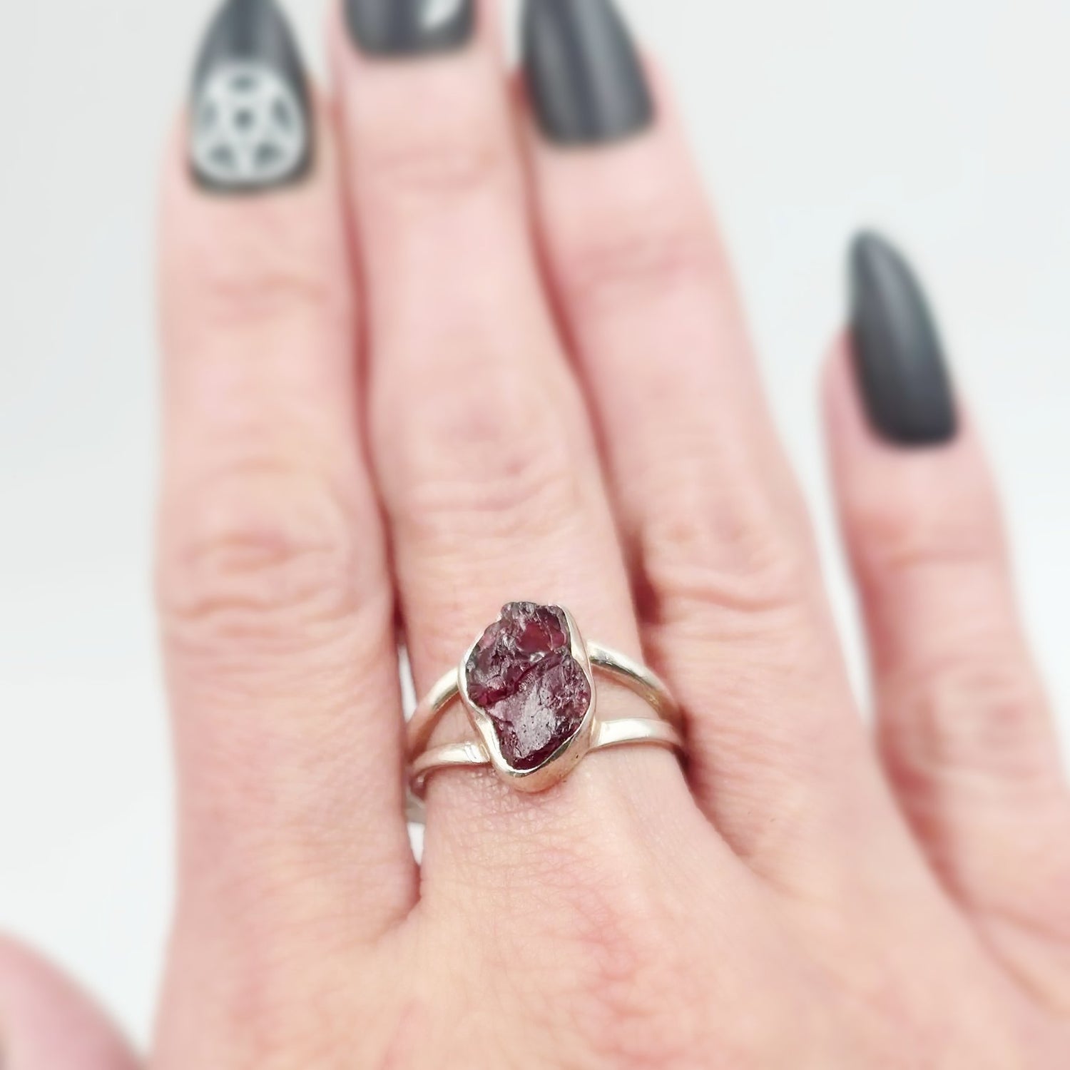 Garnet Ring Sterling Silver Rough Size 8 - Elevated Metaphysical