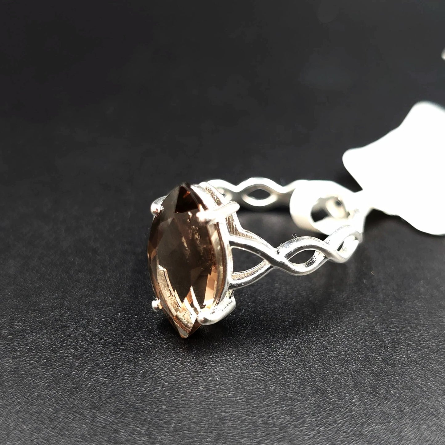 Smoky Quartz Ring Sterling Silver Solitaire Marquise Infinity Band