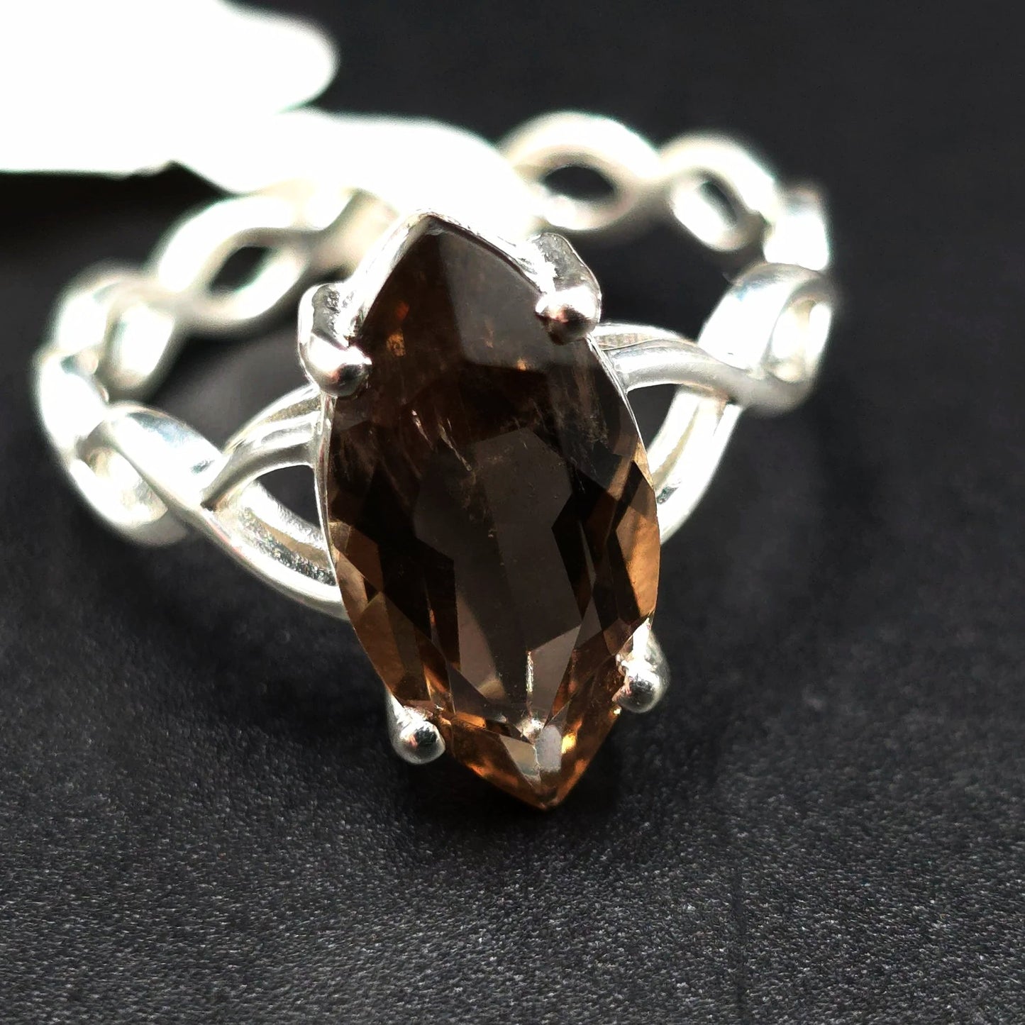 Smoky Quartz Ring Sterling Silver Solitaire Marquise Infinity Band