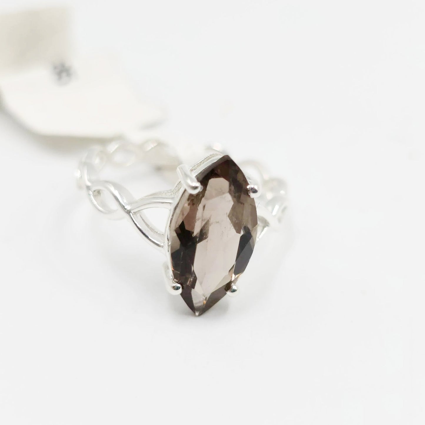 Smoky Quartz Ring Sterling Silver Solitaire Marquise Infinity Band