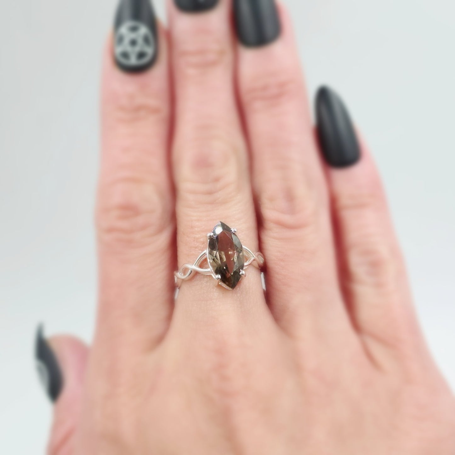 Smoky Quartz Ring Sterling Silver Solitaire Marquise Infinity Band