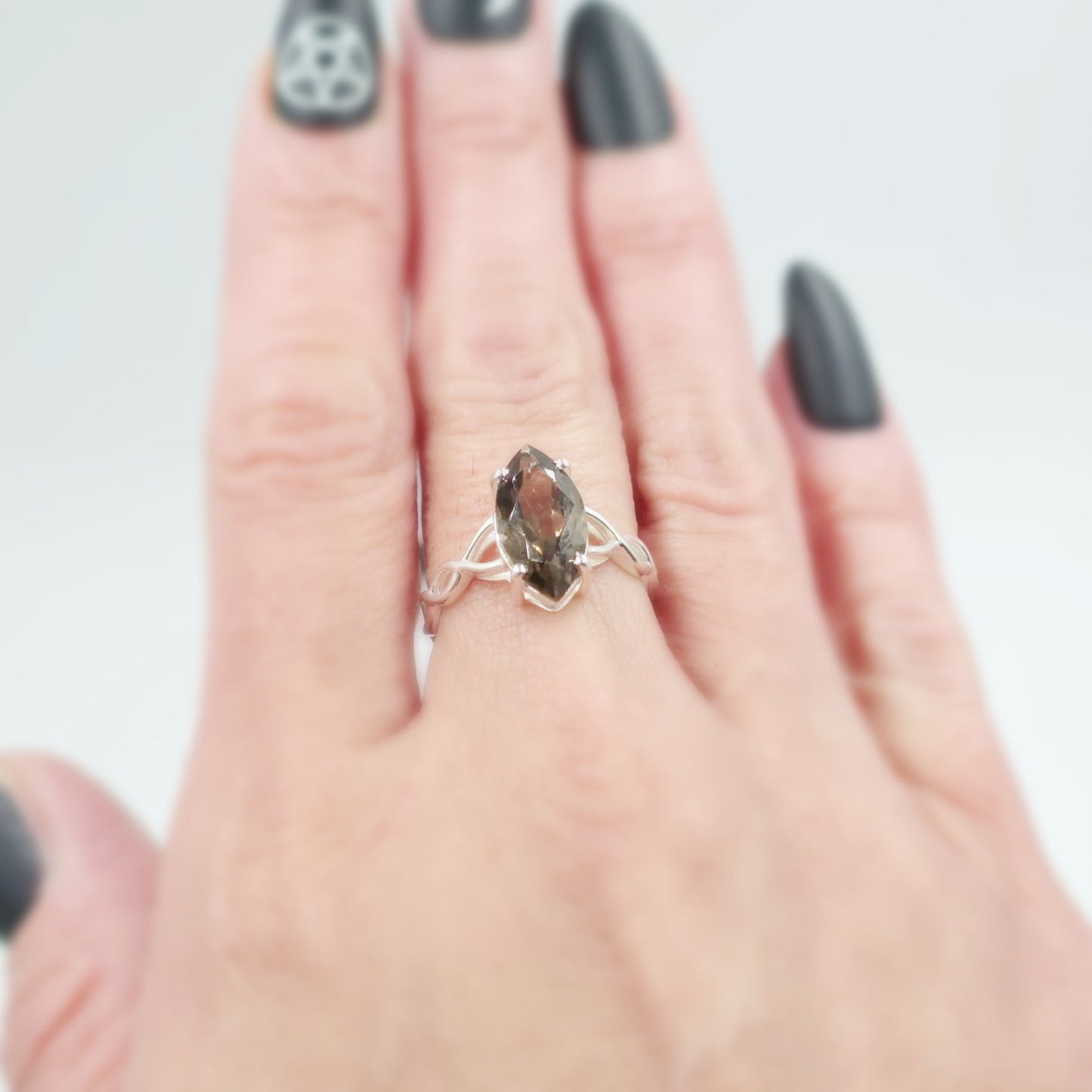 Smoky Quartz Ring Sterling Silver Solitaire Marquise Infinity Band