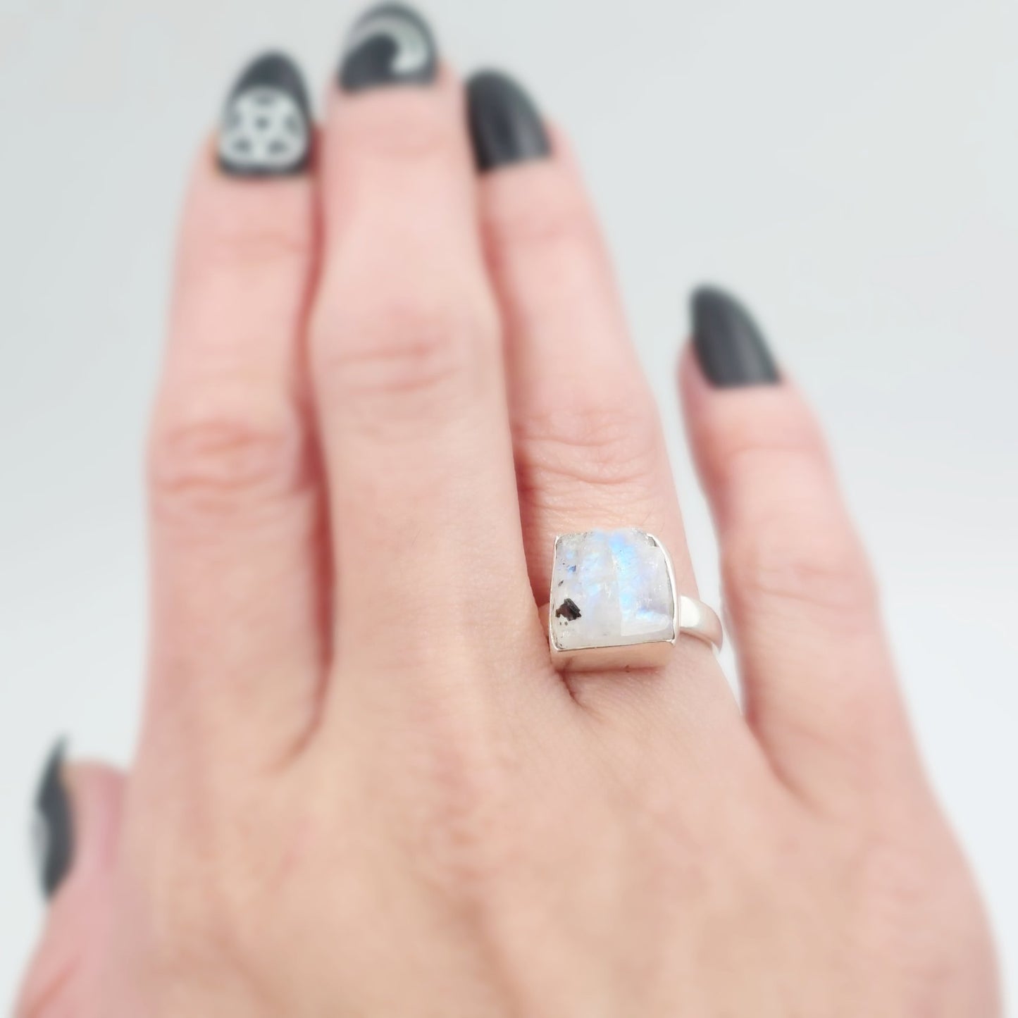 Blue Fire Rainbow Moonstone Rough Ring Sterling Silver Size 6 - Elevated Metaphysical